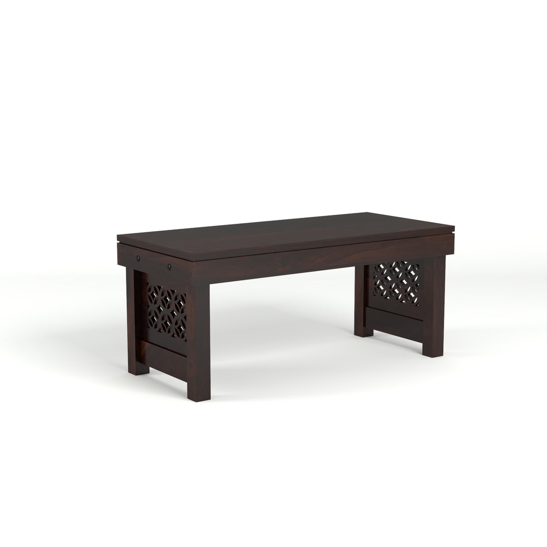 Coffee Table with 2 Designer Cushioned Stools with Carved Jali Design | Walnut Finish
