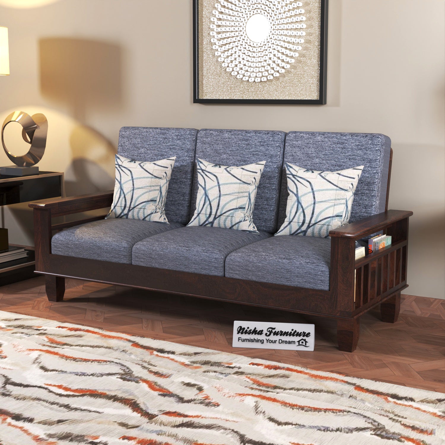 Solid Sheesham Wood 3 Seater Sofa with Grey Upholstery, Wooden Armrests and Side Storage Shelves