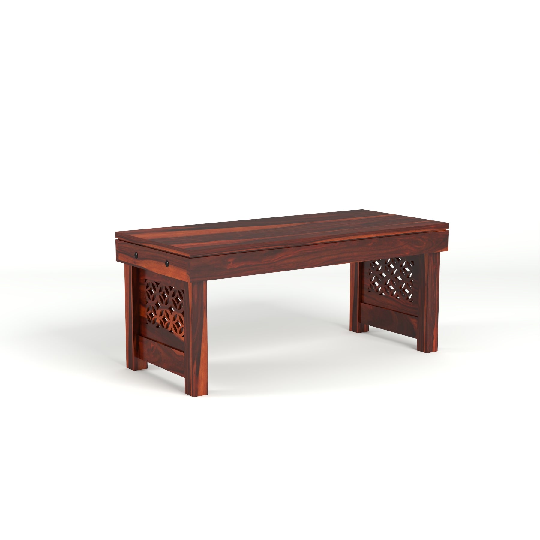 Coffee Table with 2 Designer Cushioned Stools with Jali Carved Design | Honey Finish