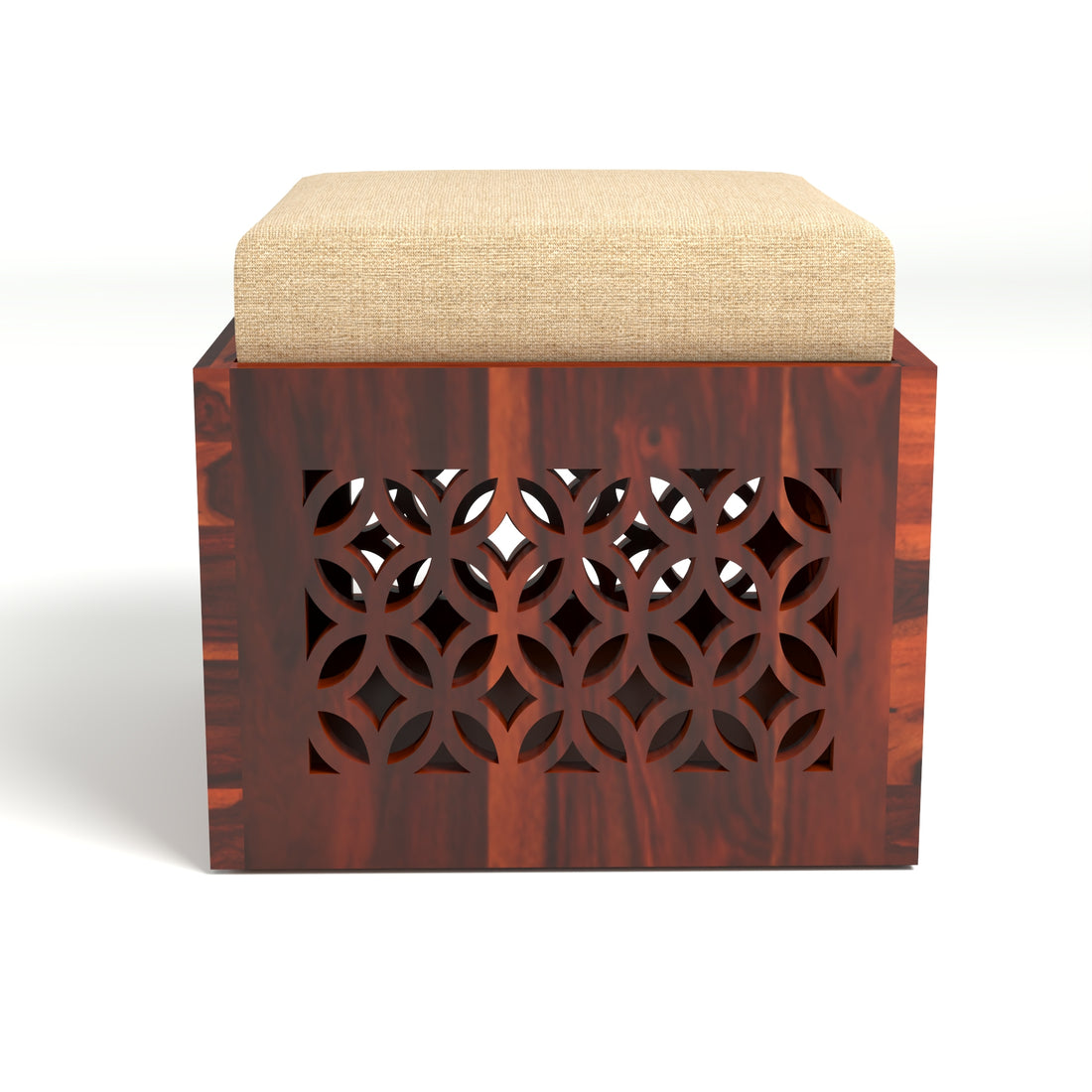 Coffee Table with 2 Designer Cushioned Stools with Jali Carved Design | Honey Finish
