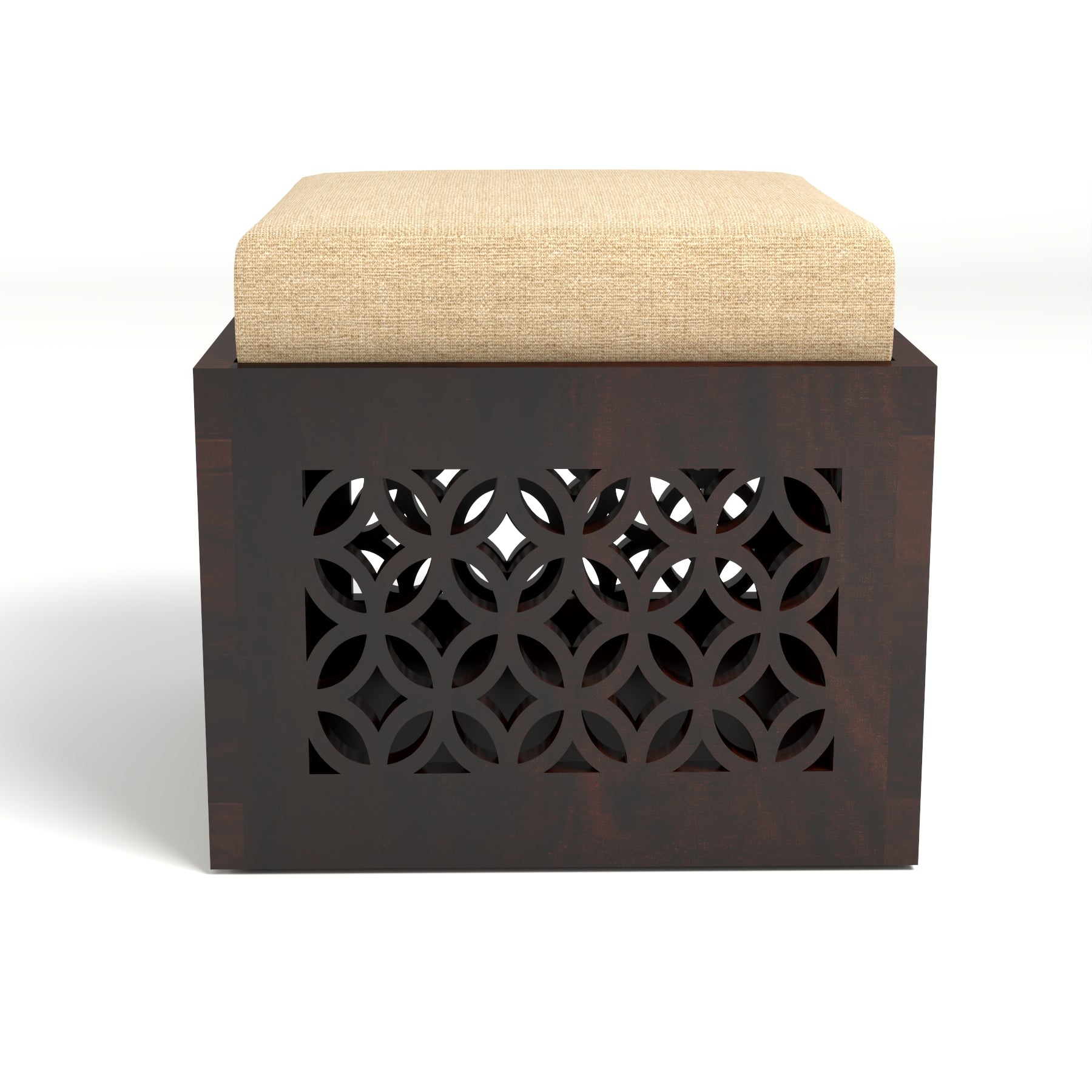 Coffee Table with 2 Designer Cushioned Stools with Carved Jali Design | Walnut Finish