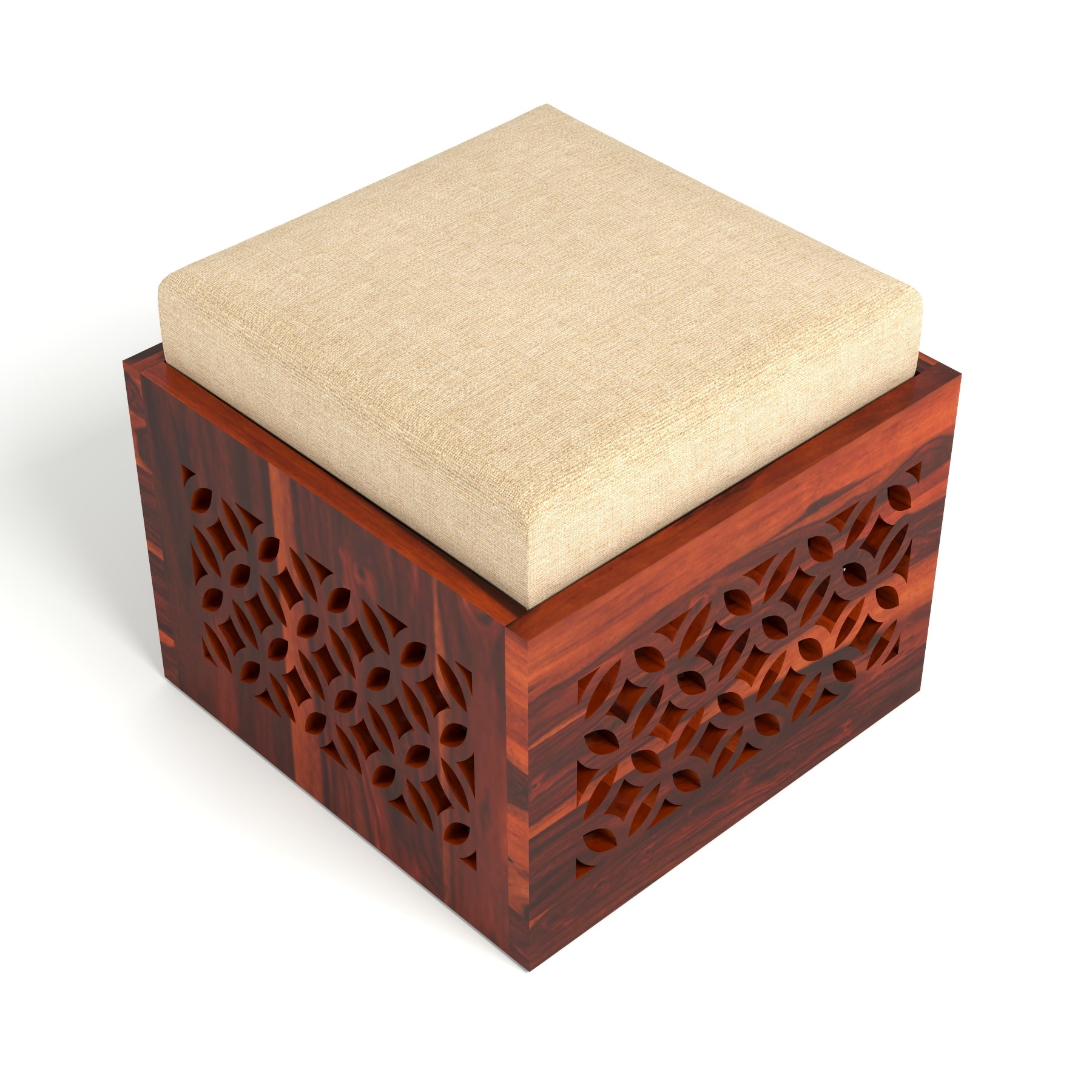 Coffee Table with 2 Designer Cushioned Stools with Jali Carved Design | Honey Finish