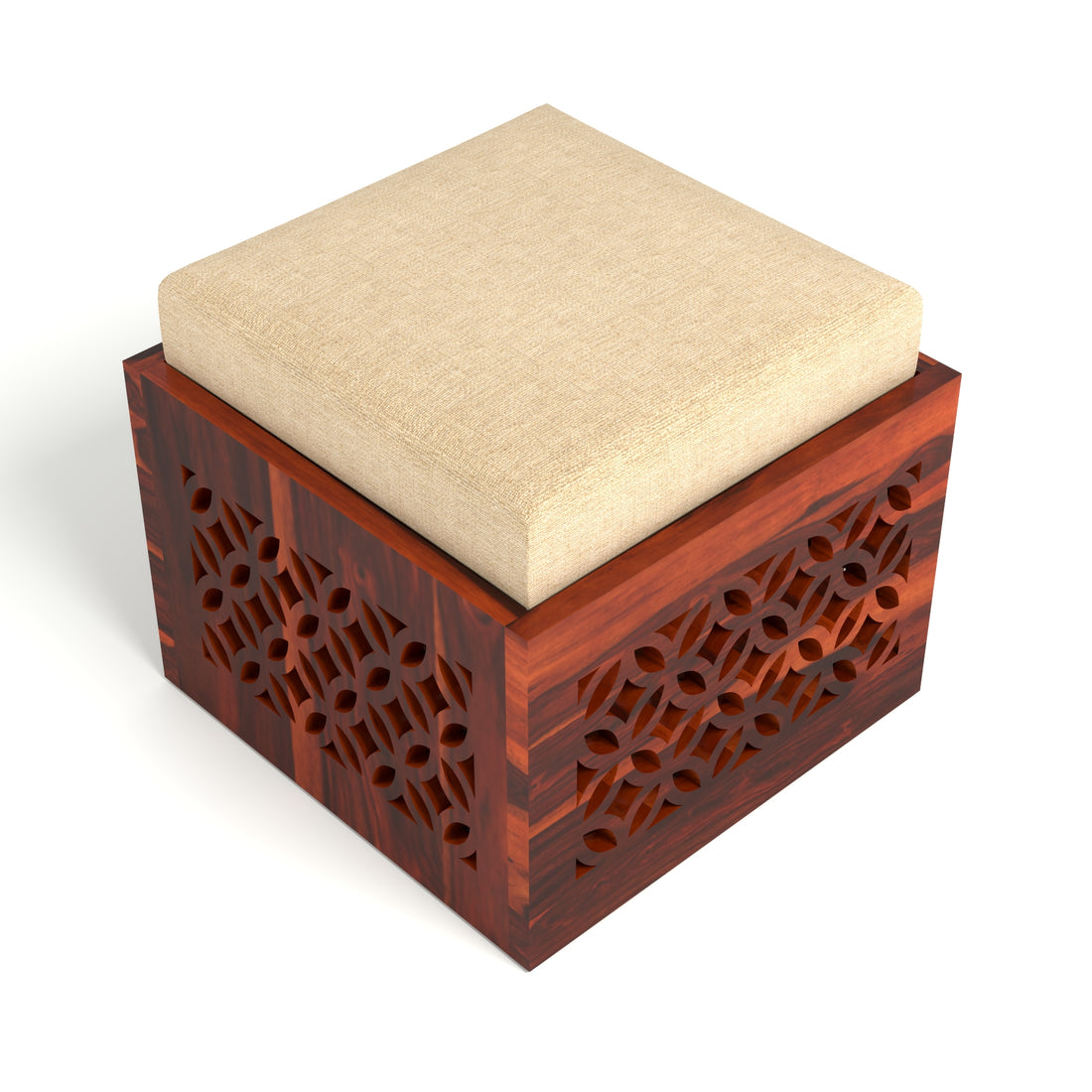 Coffee Table with 2 Designer Cushioned Stools with Jali Carved Design | Honey Finish