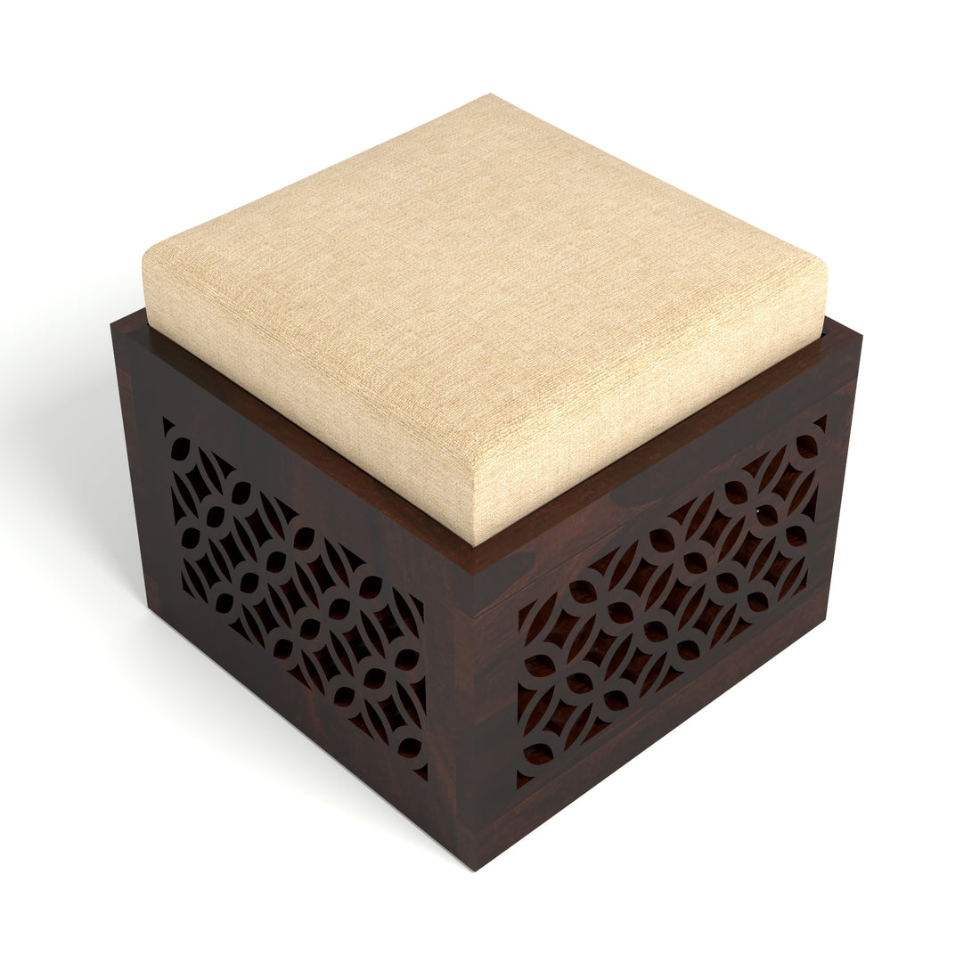 Coffee Table with 2 Designer Cushioned Stools with Carved Jali Design | Walnut Finish