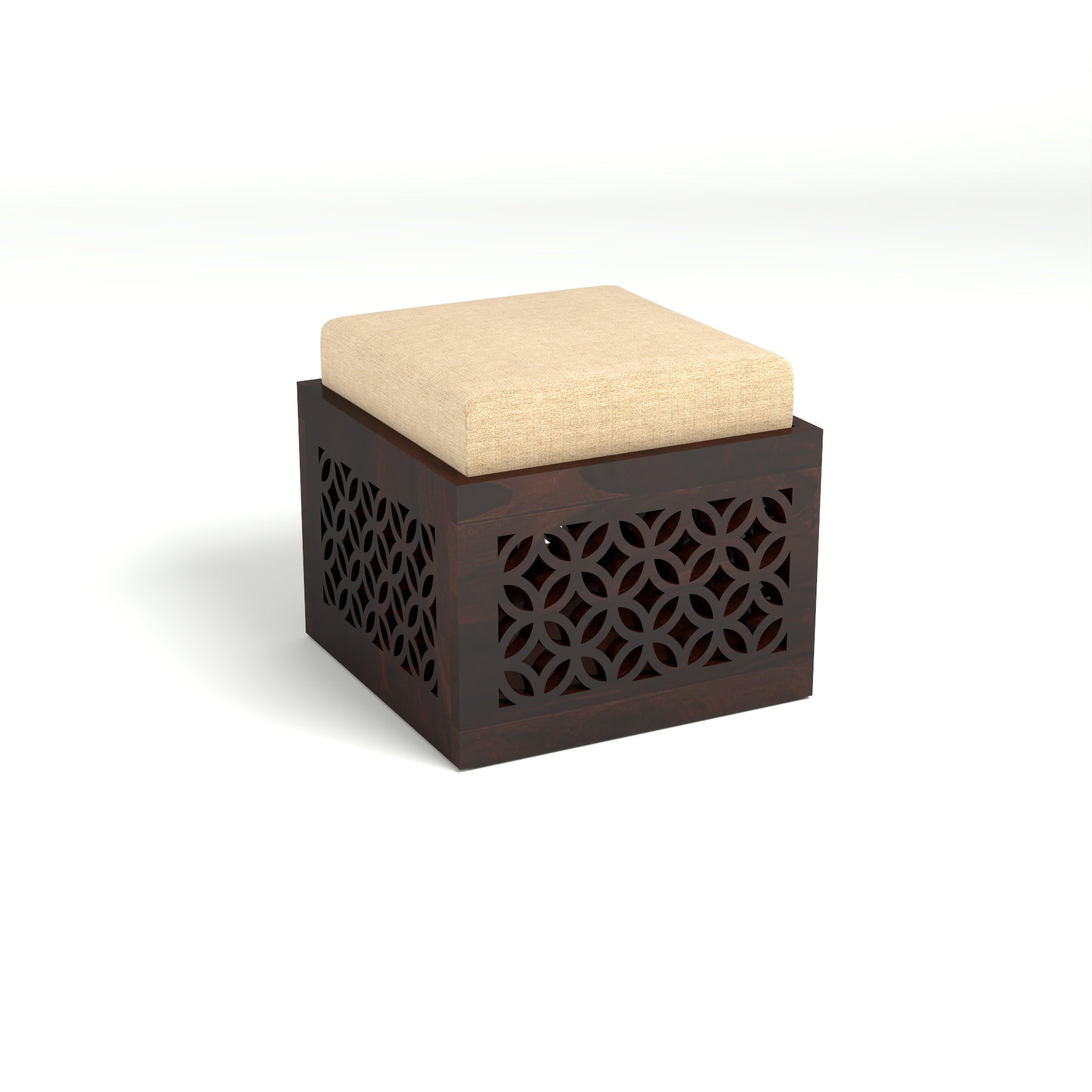 Coffee Table with 2 Designer Cushioned Stools with Carved Jali Design | Walnut Finish