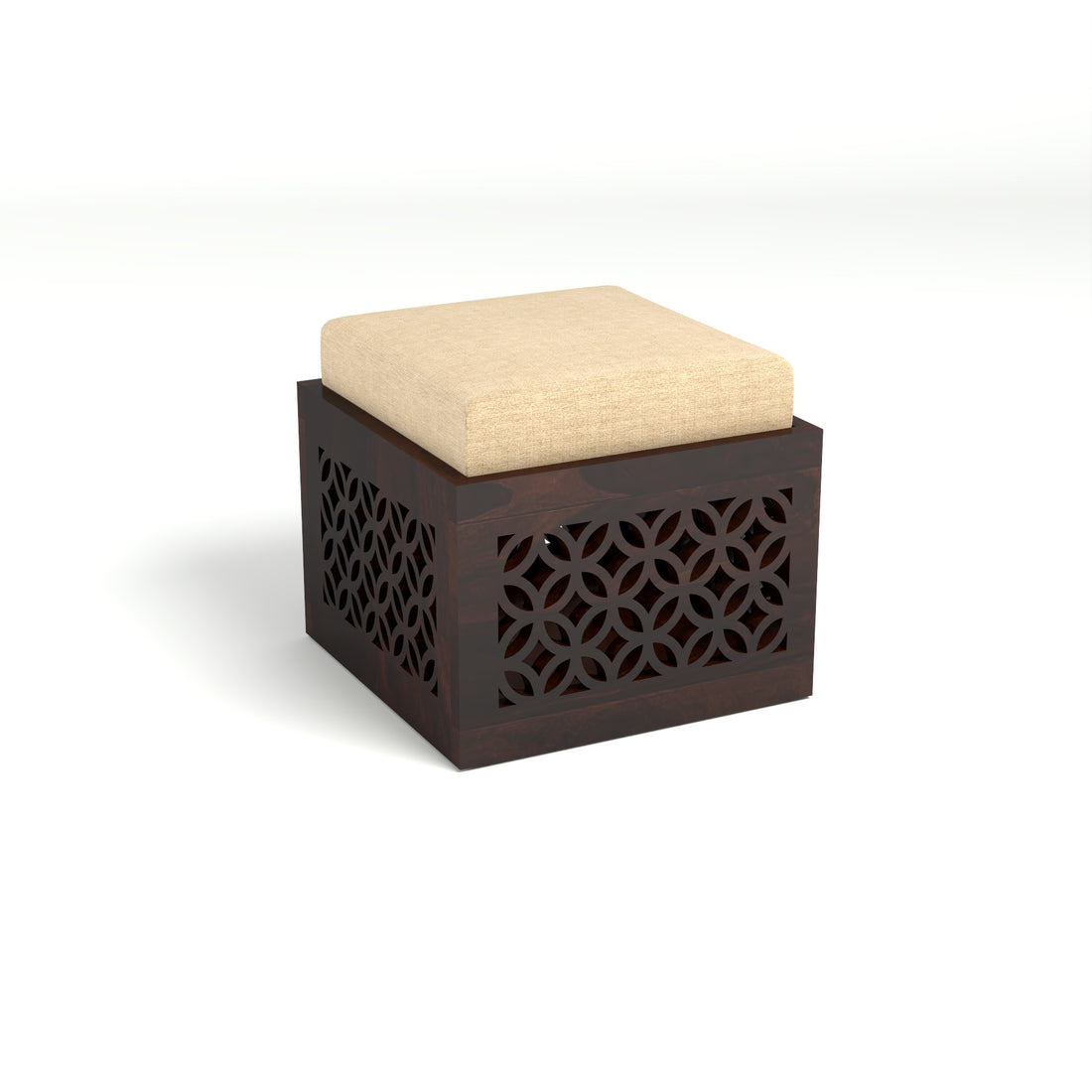 Coffee Table with 2 Designer Cushioned Stools with Carved Jali Design | Walnut Finish