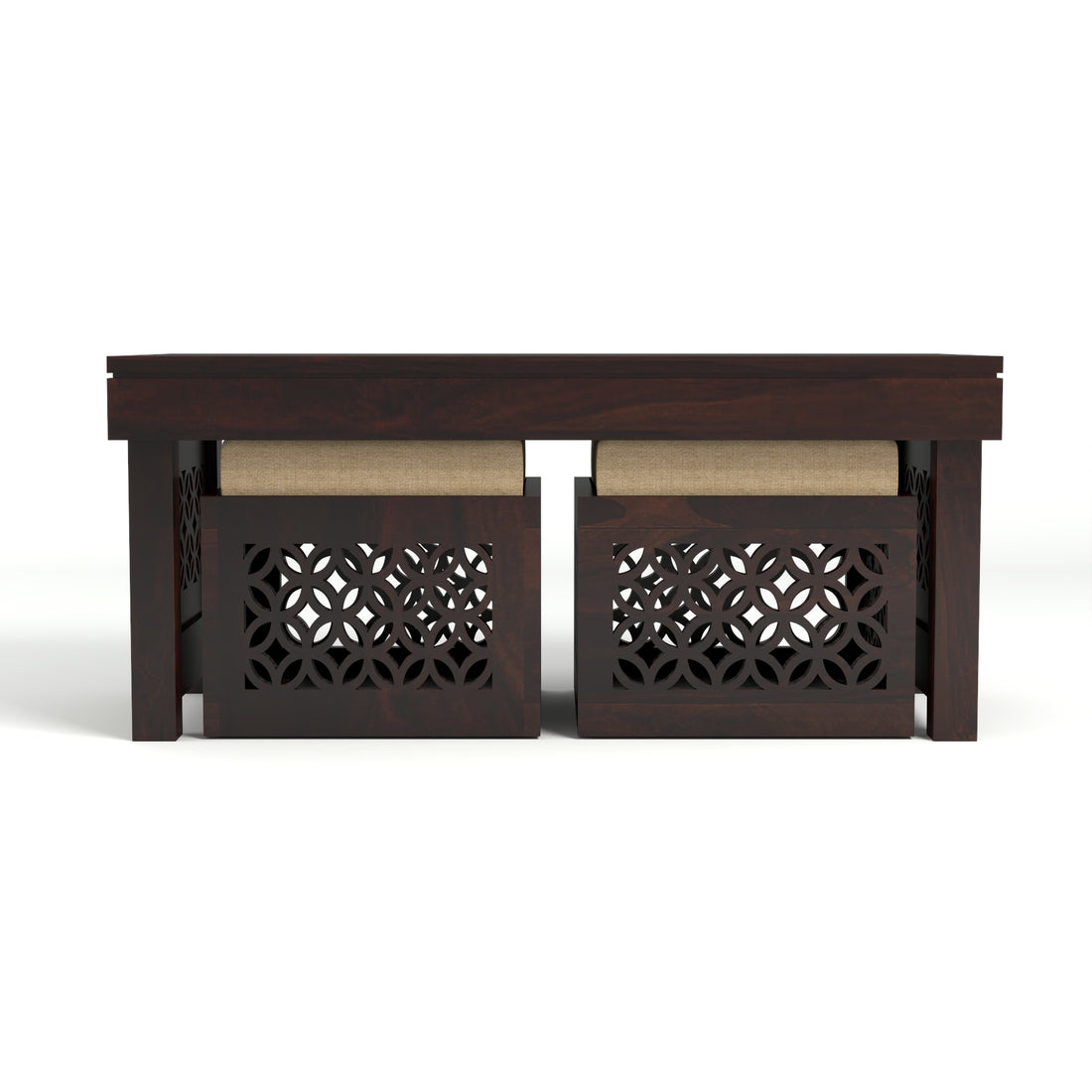 Coffee Table with 2 Designer Cushioned Stools with Carved Jali Design | Walnut Finish