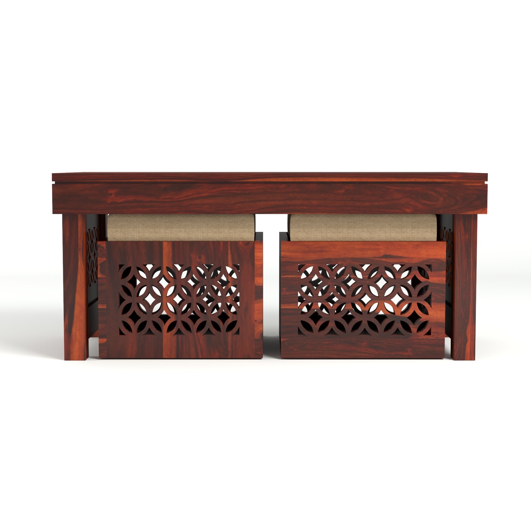 Coffee Table with 2 Designer Cushioned Stools with Jali Carved Design | Honey Finish
