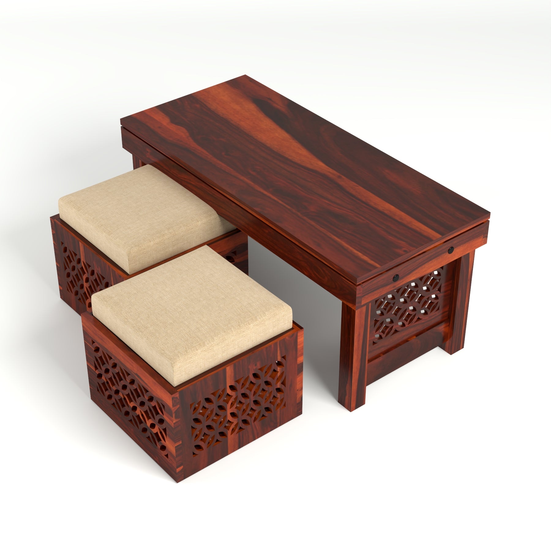 Coffee Table with 2 Designer Cushioned Stools with Jali Carved Design | Honey Finish
