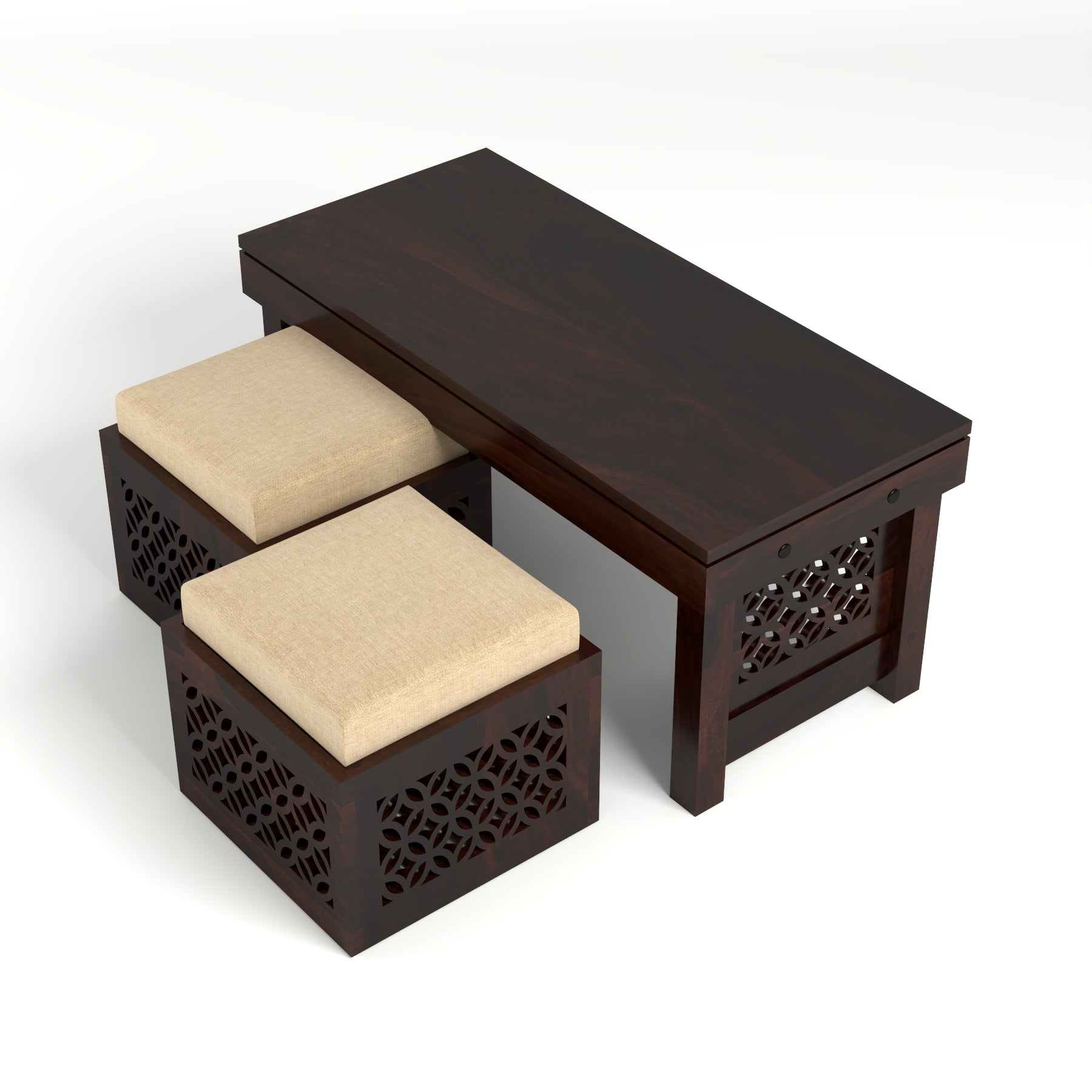 Coffee Table with 2 Designer Cushioned Stools with Carved Jali Design | Walnut Finish
