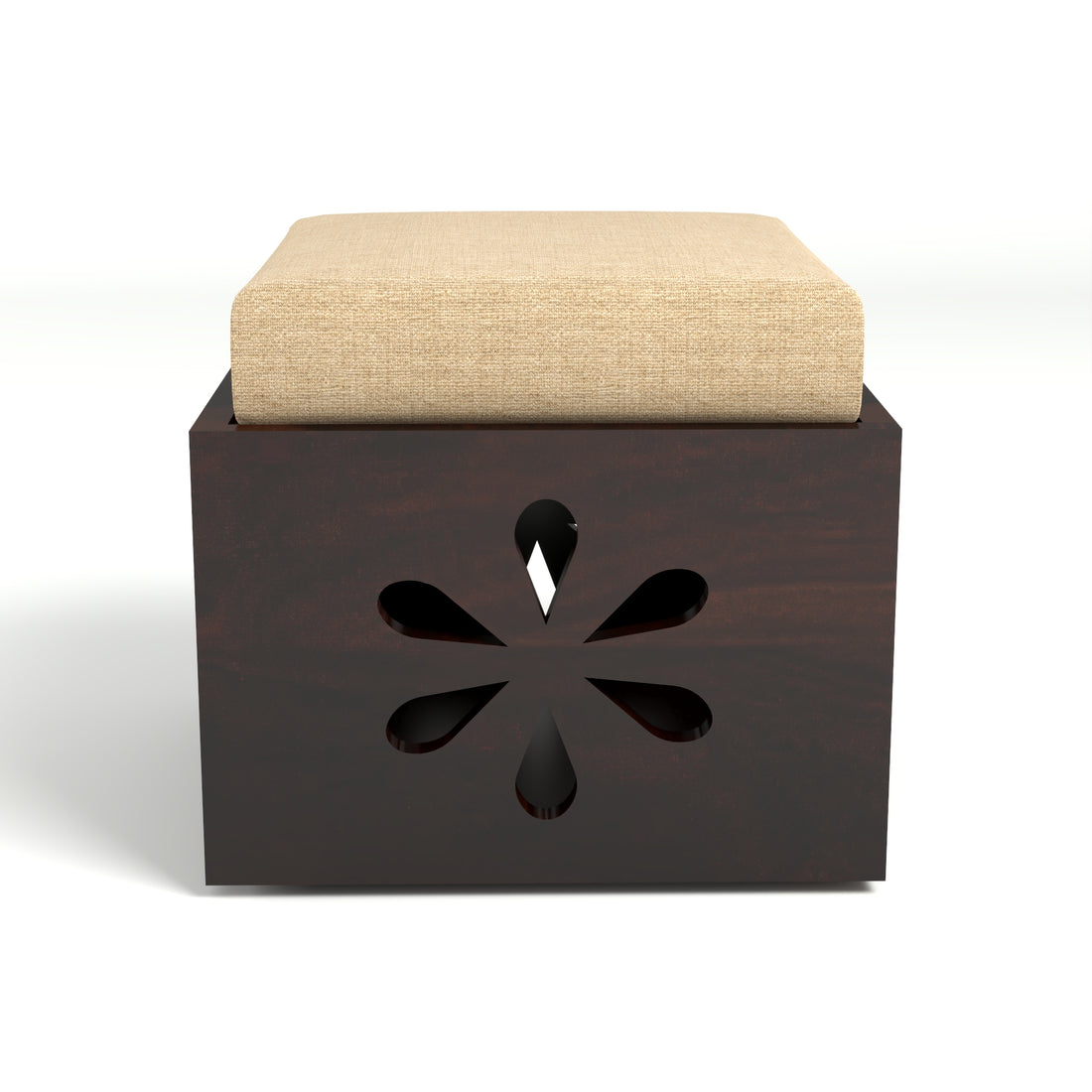 Sheesham Wood Coffee Table with 2 Cushioned Stools in Carved Floral Design | Walnut Finish