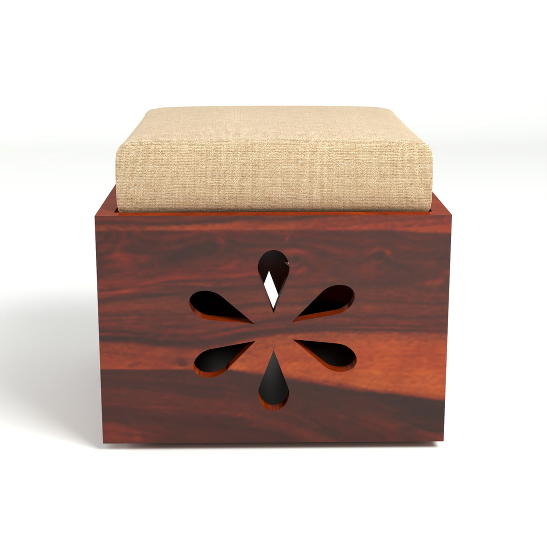 Coffee Table with 2 Cushioned Stools in Natural Finish | carved flower design