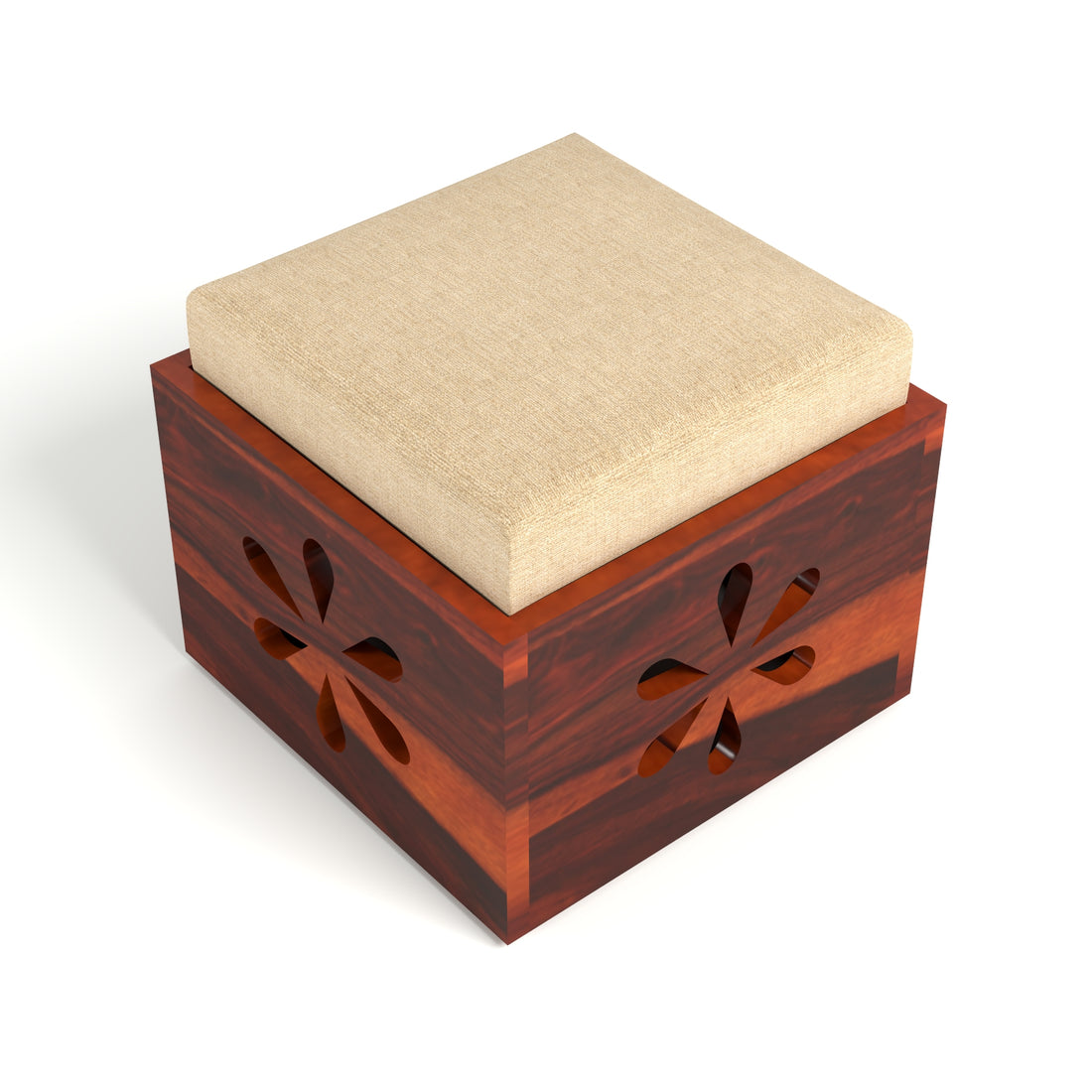 Coffee Table with 2 Cushioned Stools in Natural Finish | carved flower design