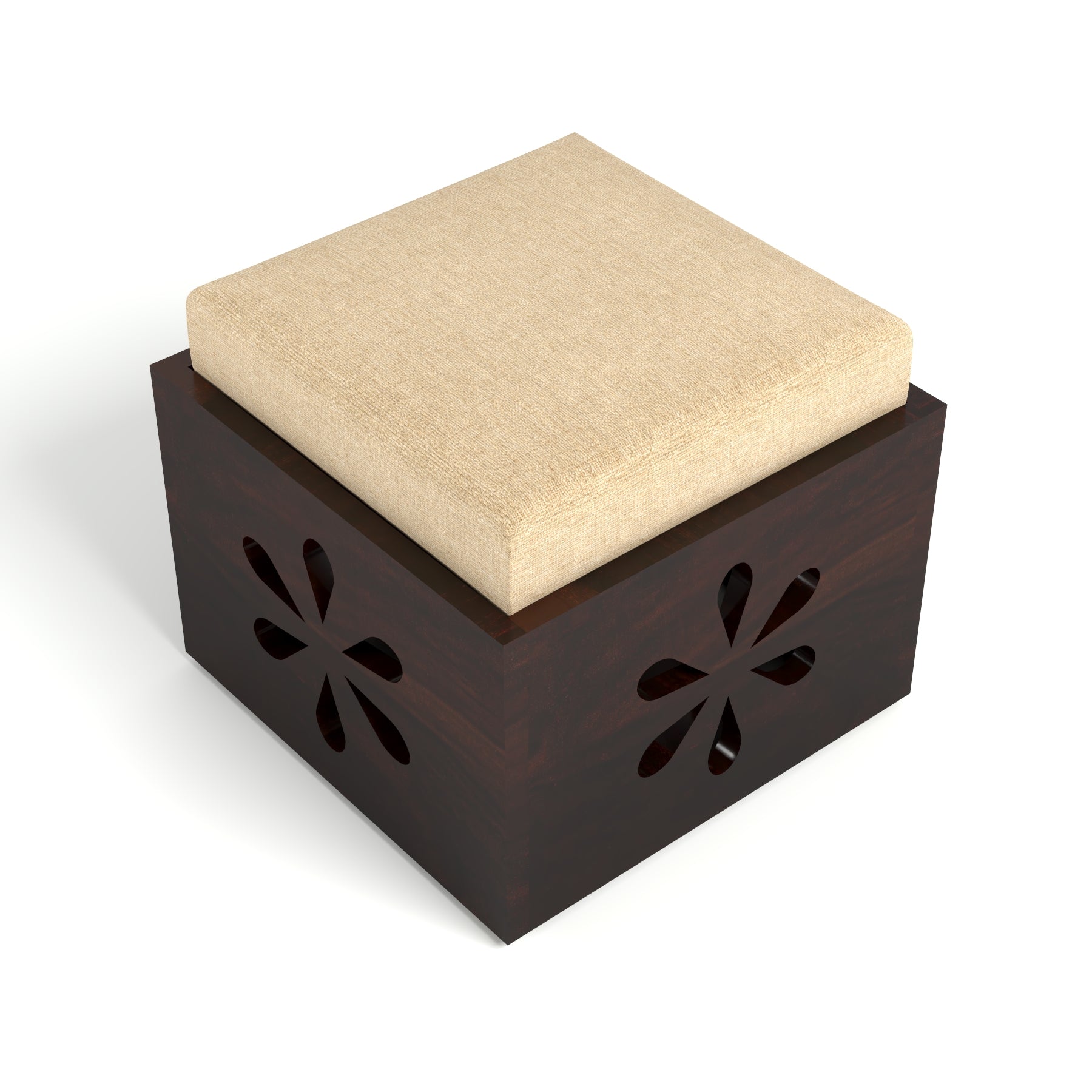 Sheesham Wood Coffee Table with 2 Cushioned Stools in Carved Floral Design | Walnut Finish