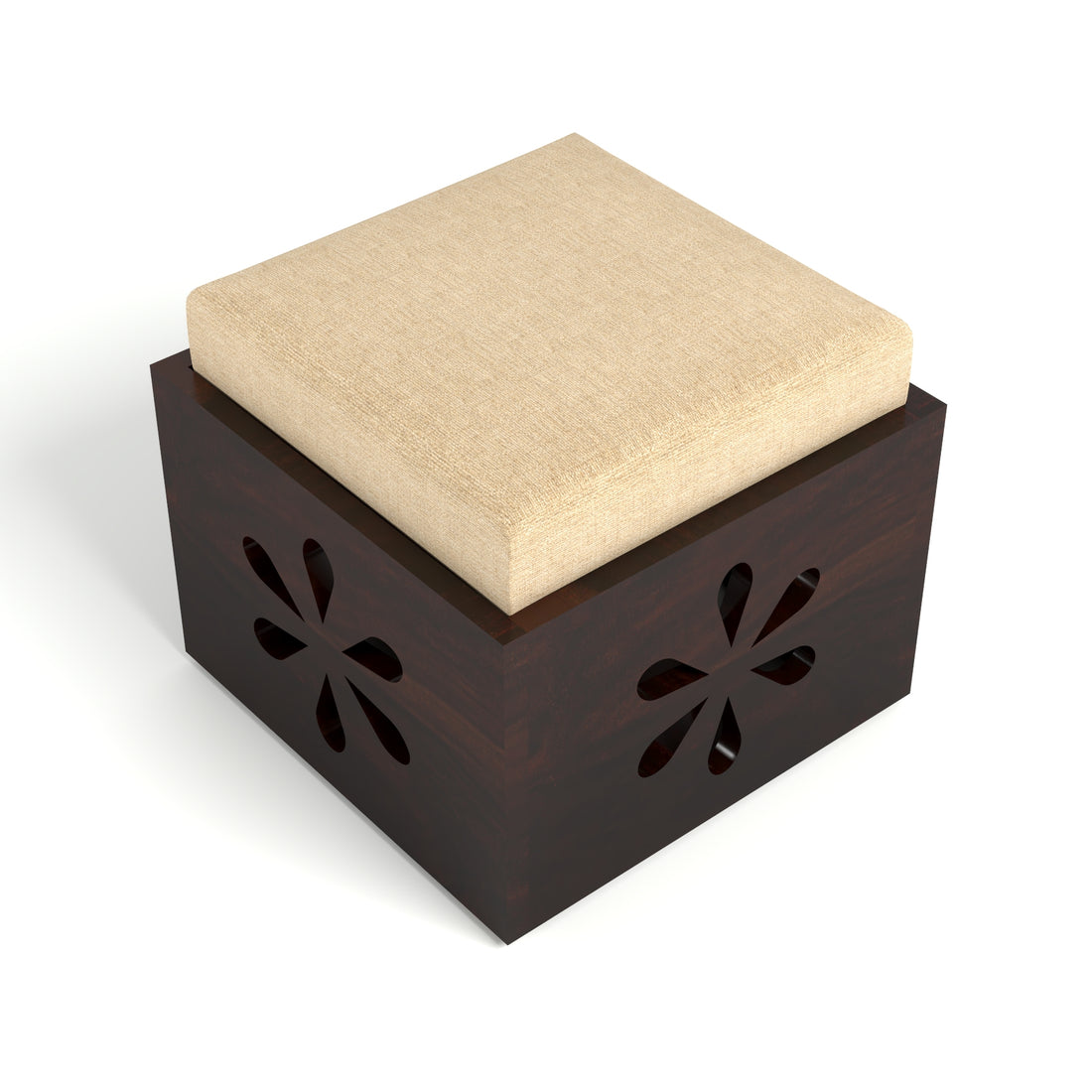 Sheesham Wood Coffee Table with 2 Cushioned Stools in Carved Floral Design | Walnut Finish