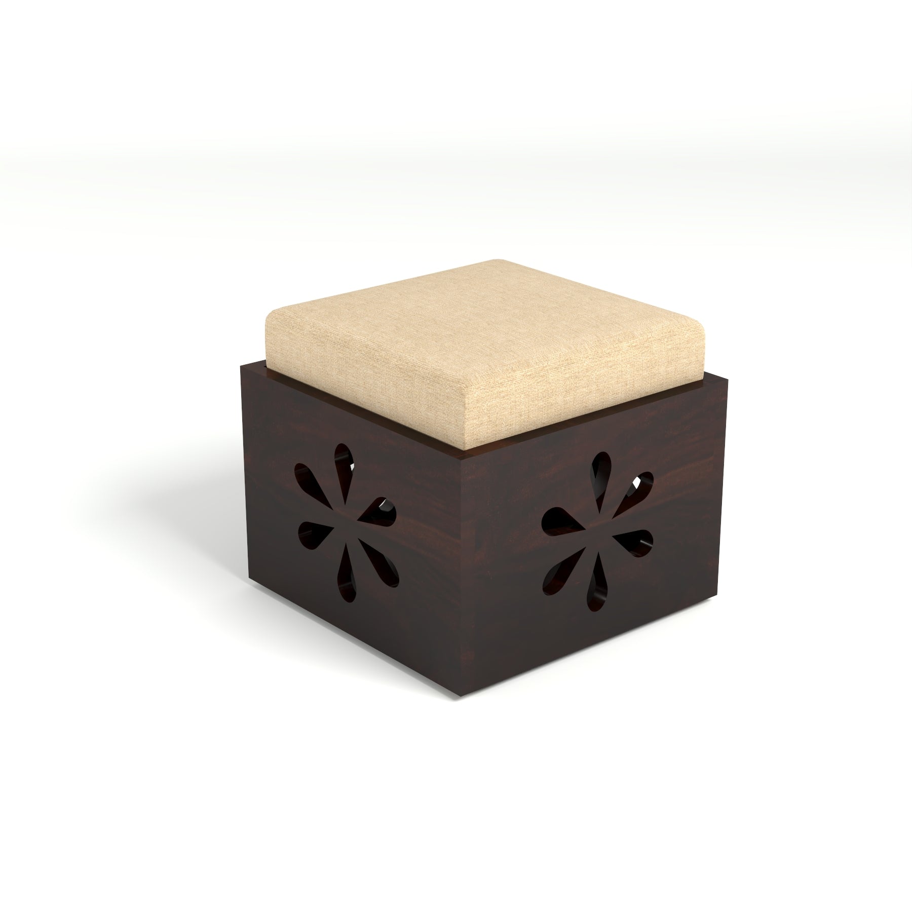 Sheesham Wood Coffee Table with 2 Cushioned Stools in Carved Floral Design | Walnut Finish