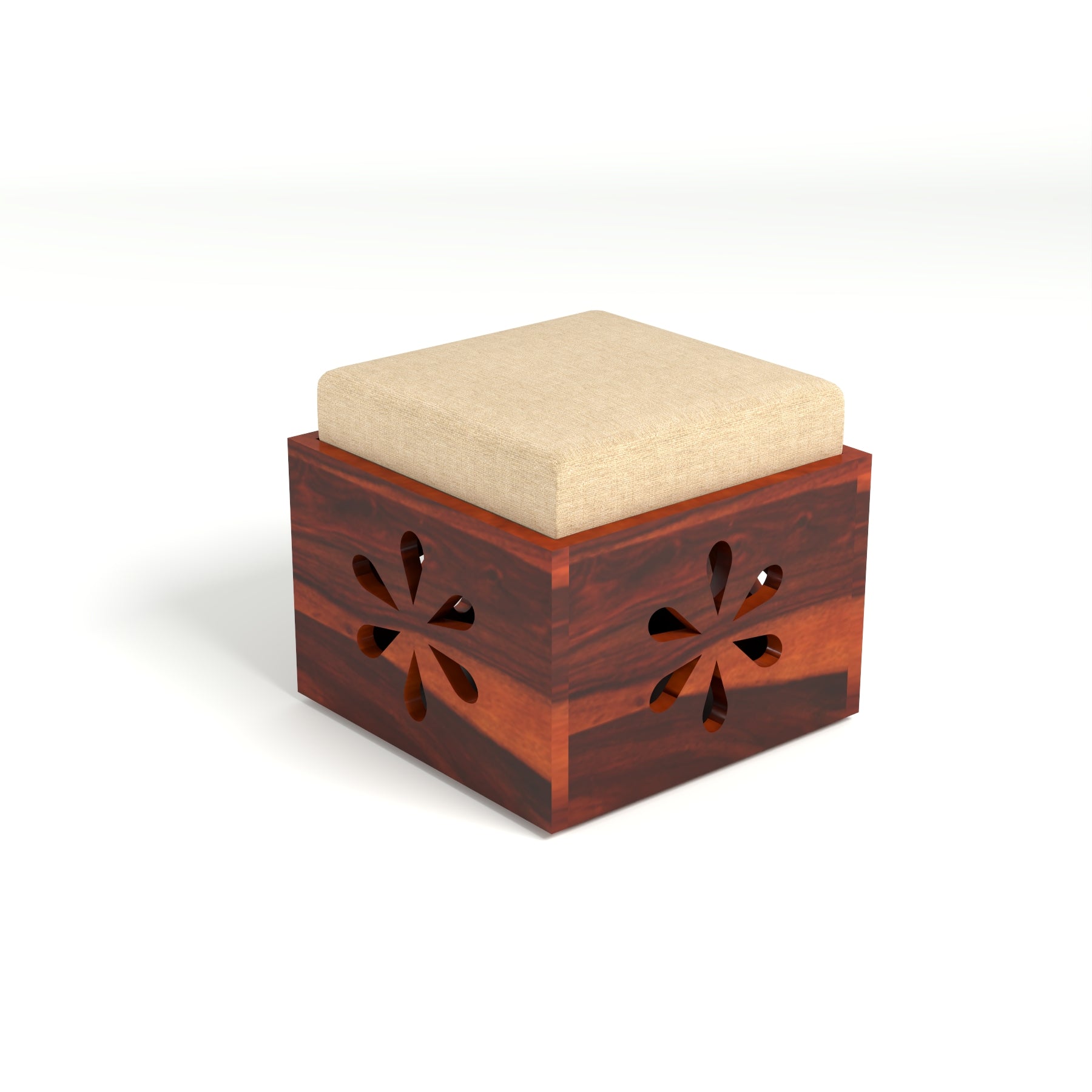 Coffee Table with 2 Cushioned Stools in Natural Finish | carved flower design