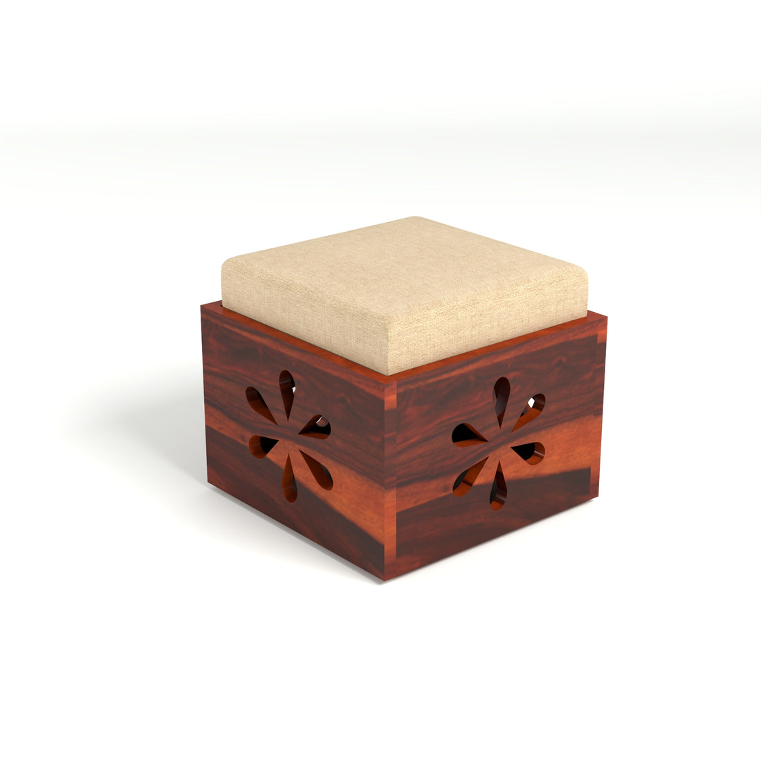 Coffee Table with 2 Cushioned Stools in Natural Finish | carved flower design