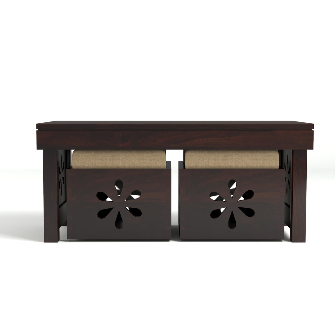 Sheesham Wood Coffee Table with 2 Cushioned Stools in Carved Floral Design | Walnut Finish