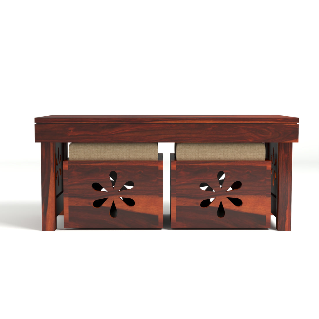 Coffee Table with 2 Cushioned Stools in Natural Finish | carved flower design