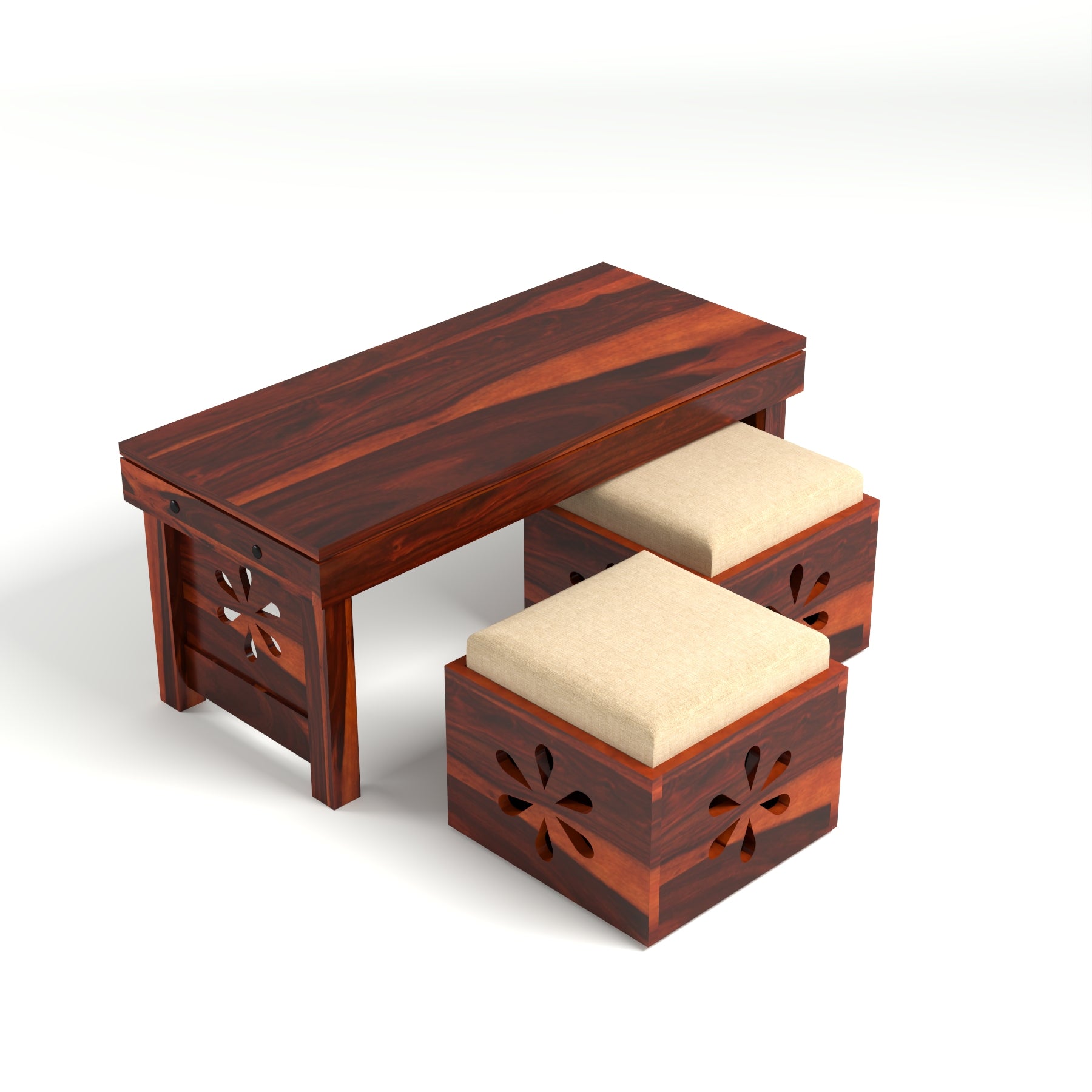 Coffee Table with 2 Cushioned Stools in Natural Finish | carved flower design