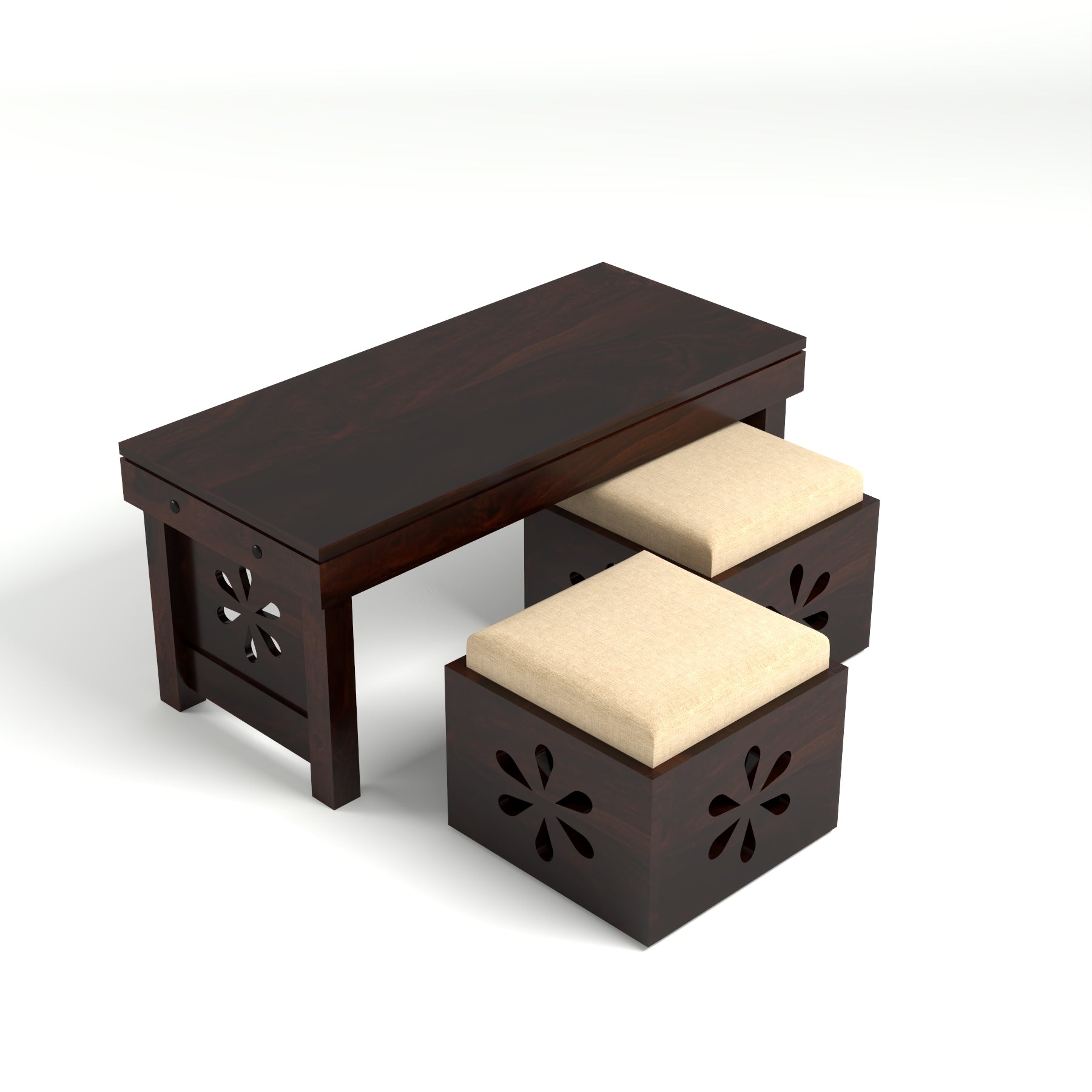 Sheesham Wood Coffee Table with 2 Cushioned Stools in Carved Floral Design | Walnut Finish