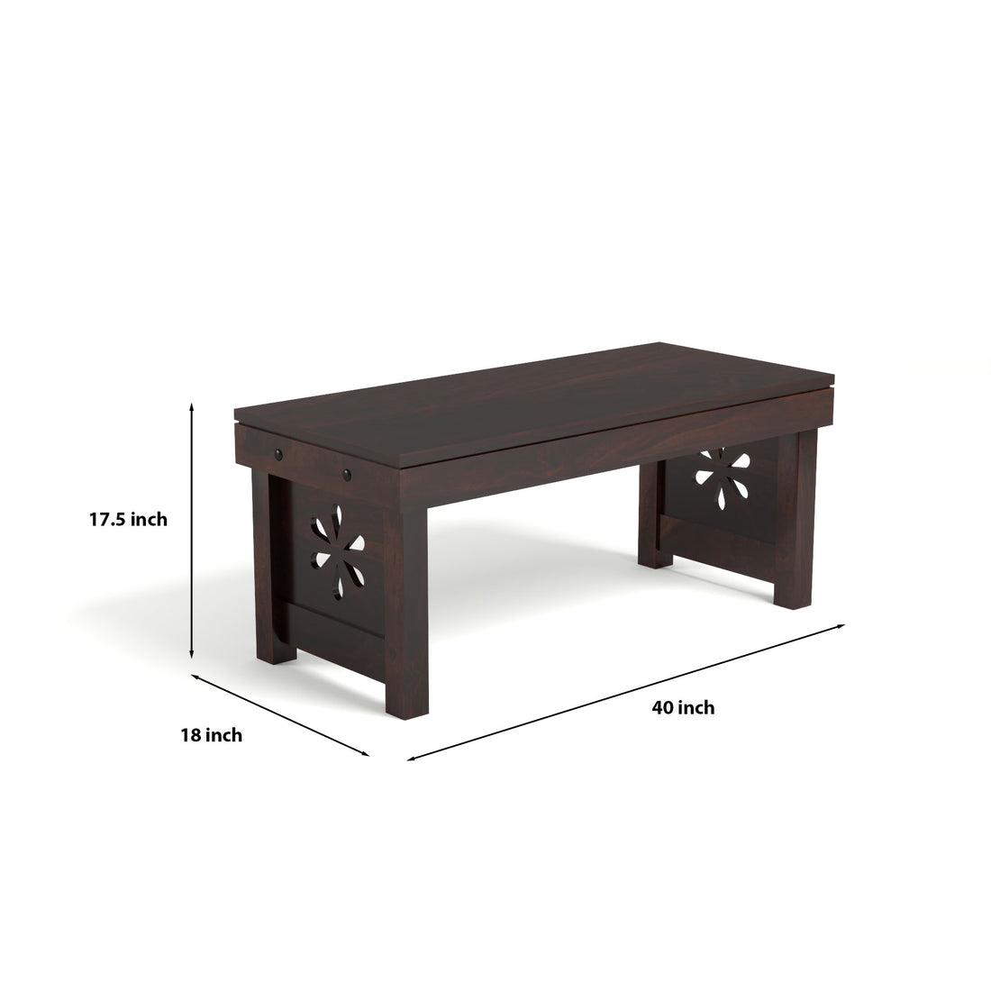 Sheesham Wood Coffee Table with 2 Cushioned Stools in Carved Floral Design | Walnut Finish