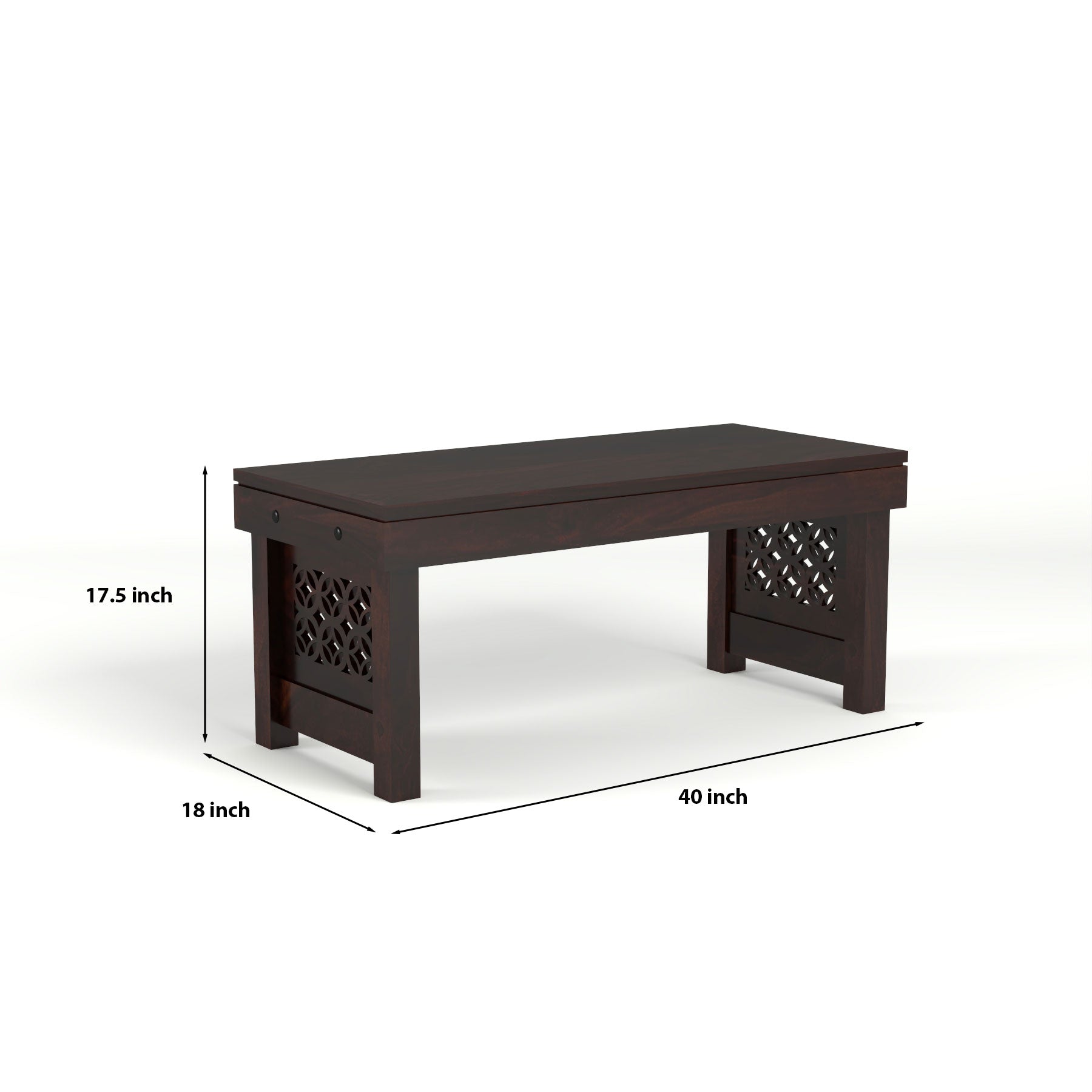 Coffee Table with 2 Designer Cushioned Stools with Carved Jali Design | Walnut Finish