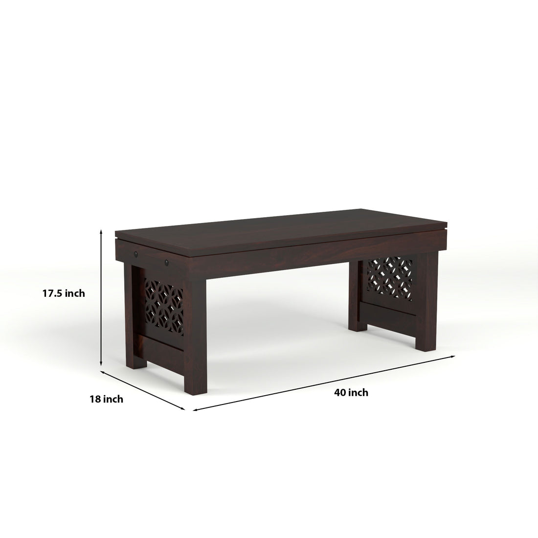 Coffee Table with 2 Designer Cushioned Stools with Carved Jali Design | Walnut Finish