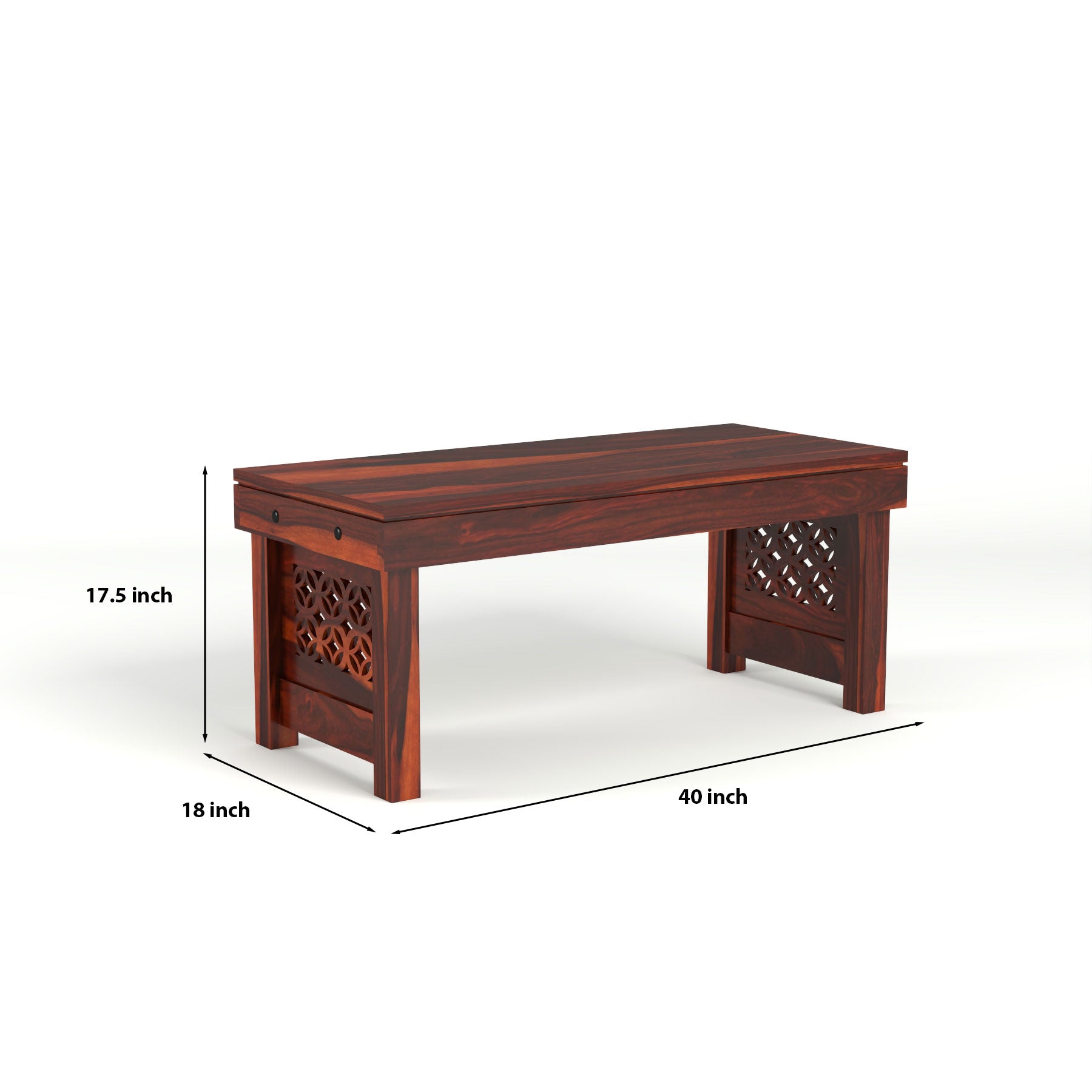 Coffee Table with 2 Designer Cushioned Stools with Jali Carved Design | Honey Finish