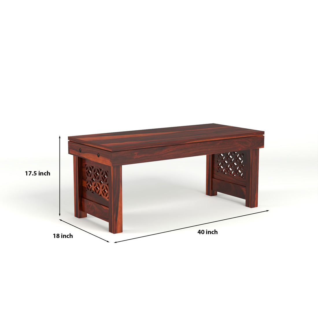 Coffee Table with 2 Designer Cushioned Stools with Jali Carved Design | Honey Finish