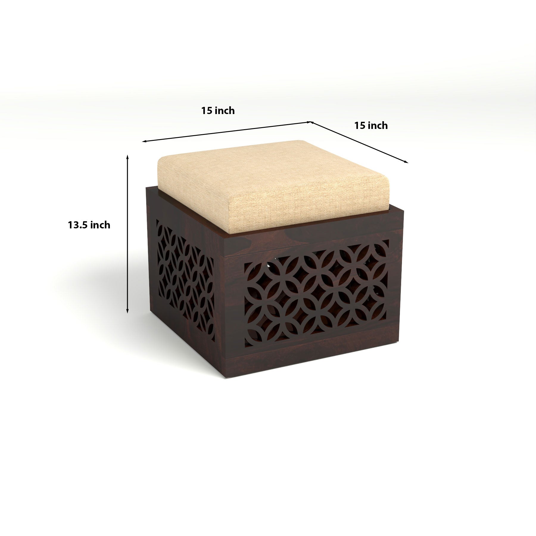 Coffee Table with 2 Designer Cushioned Stools with Carved Jali Design | Walnut Finish