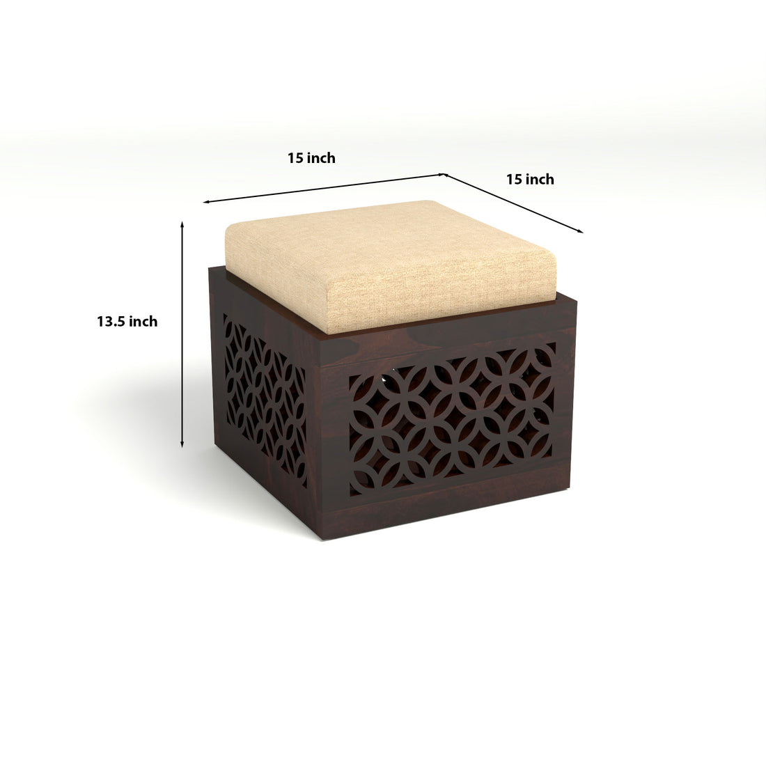 Coffee Table with 2 Designer Cushioned Stools with Carved Jali Design | Walnut Finish