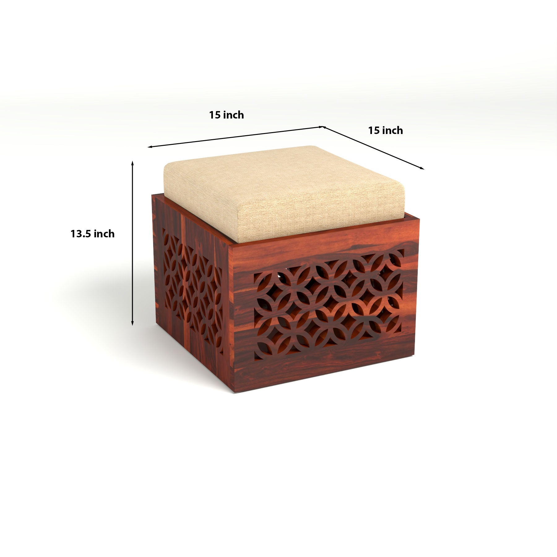Coffee Table with 2 Designer Cushioned Stools with Jali Carved Design | Honey Finish