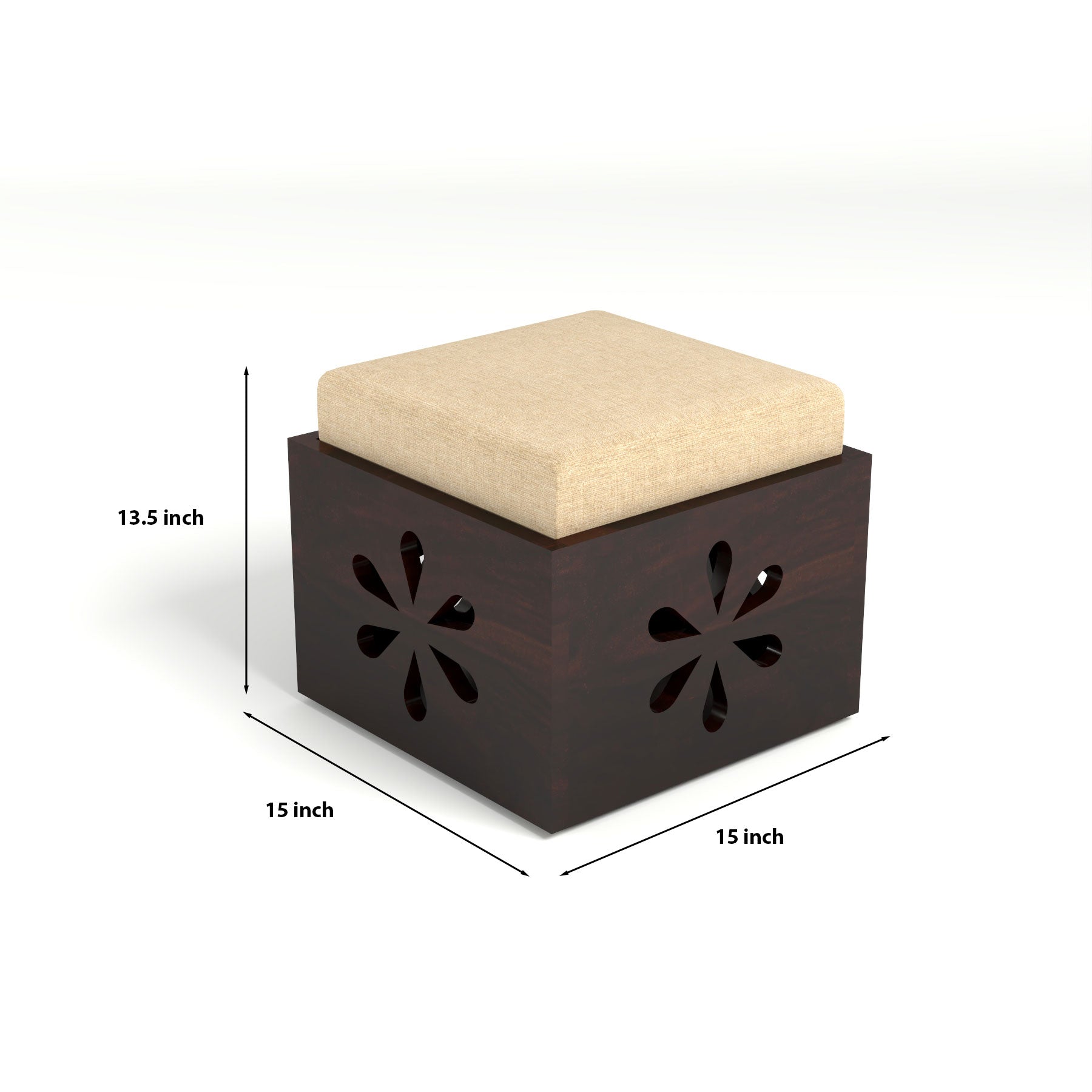 Sheesham Wood Coffee Table with 2 Cushioned Stools in Carved Floral Design | Walnut Finish