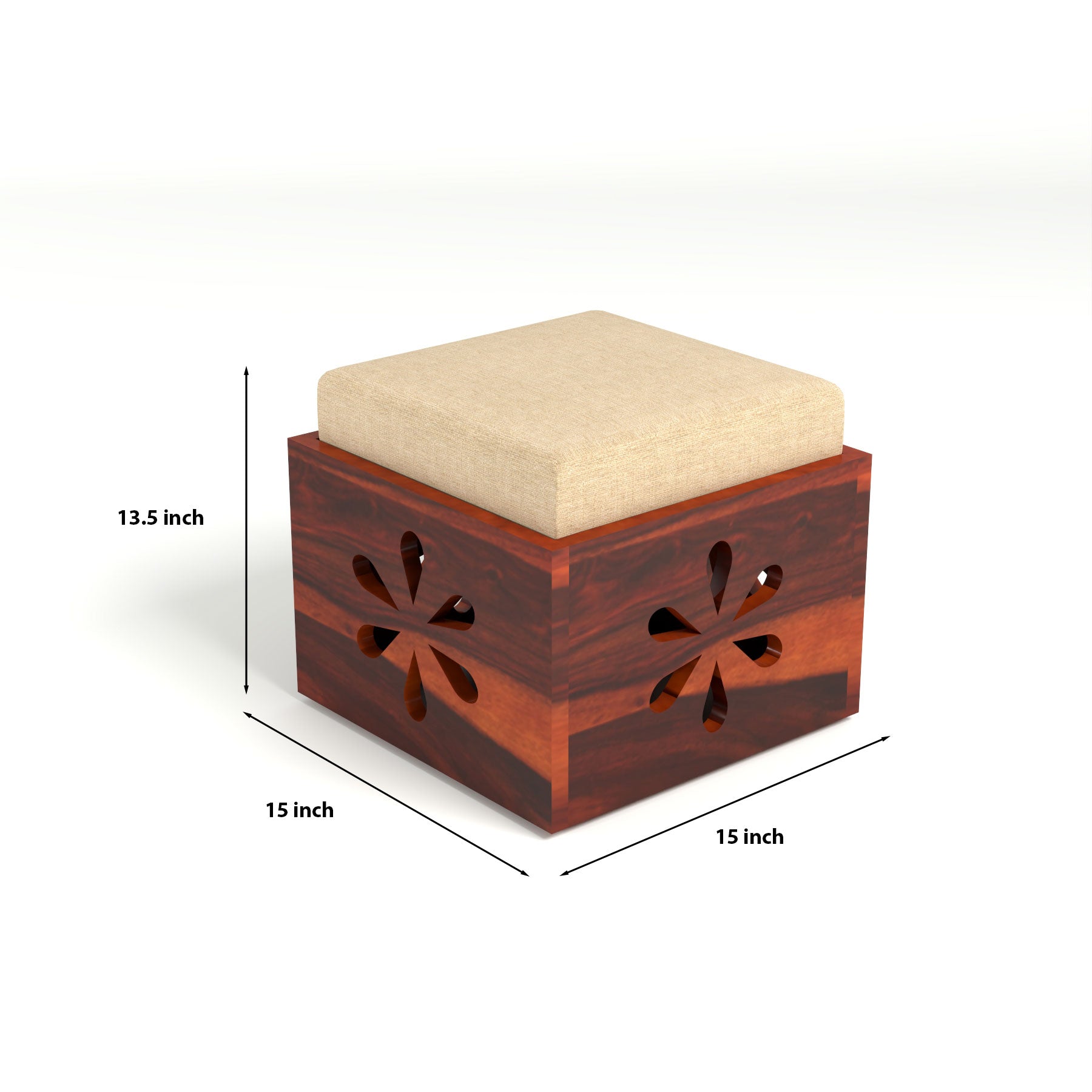 Coffee Table with 2 Cushioned Stools in Natural Finish | carved flower design