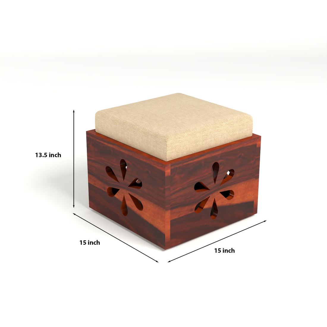 Coffee Table with 2 Cushioned Stools in Natural Finish | carved flower design