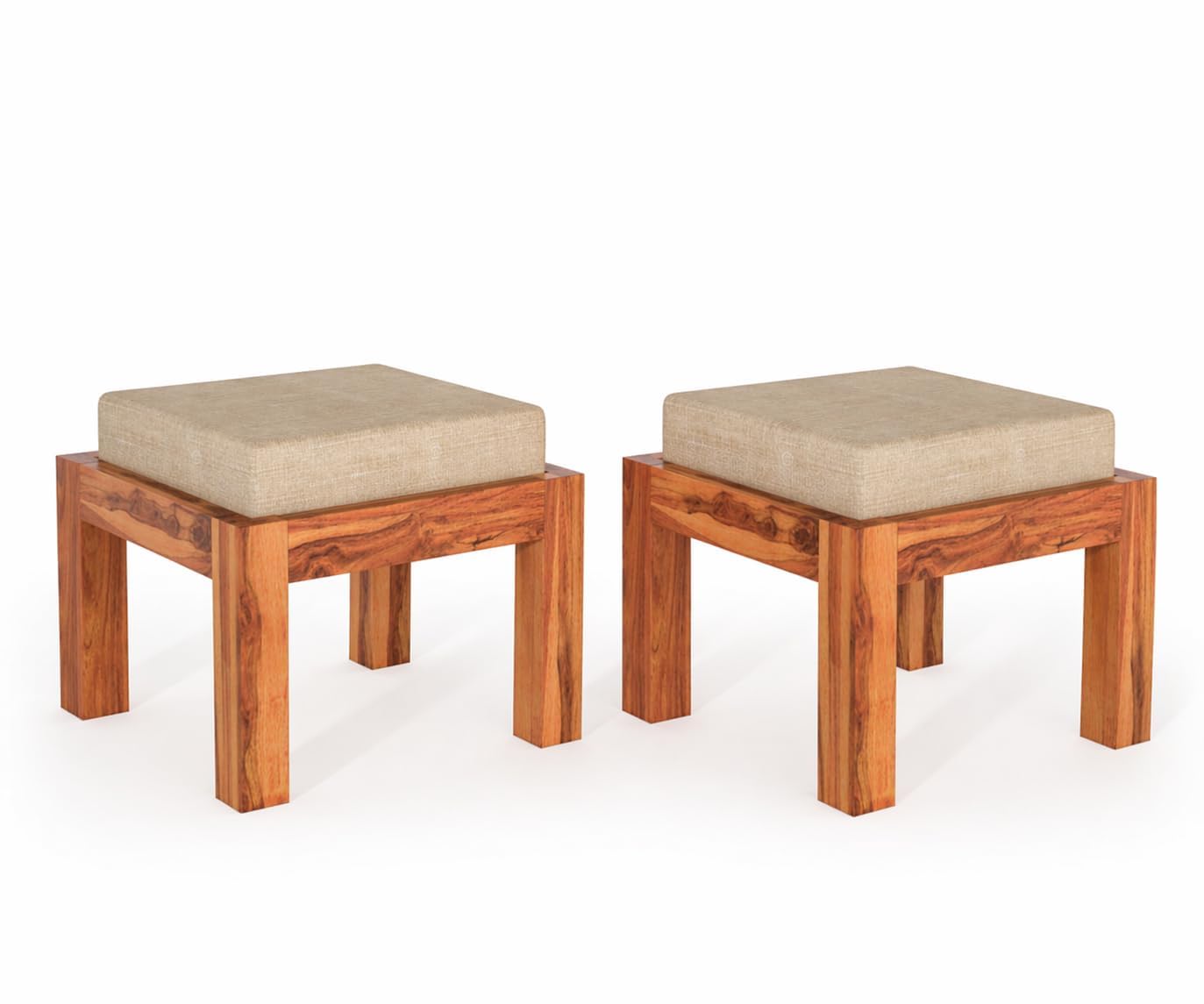 Solid Sheesham Ottoman Stool Set of 2 with Cushioned Upholstered Seat for Living Room