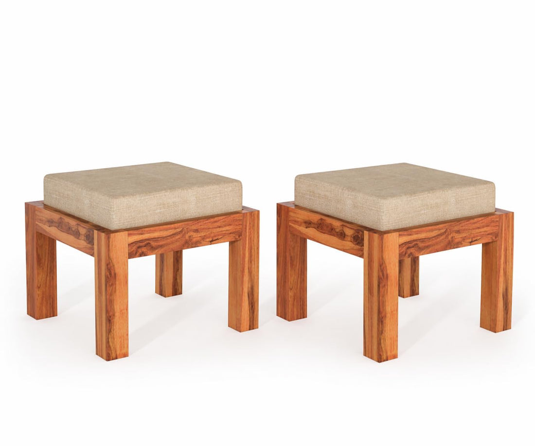 Solid Sheesham Ottoman Stool Set of 2 with Cushioned Upholstered Seat for Living Room