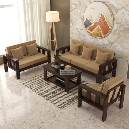 Solid Sheesham Wood Sofa Set | 3+2+1 Seater Living Room Furniture with Cushions | Walnut