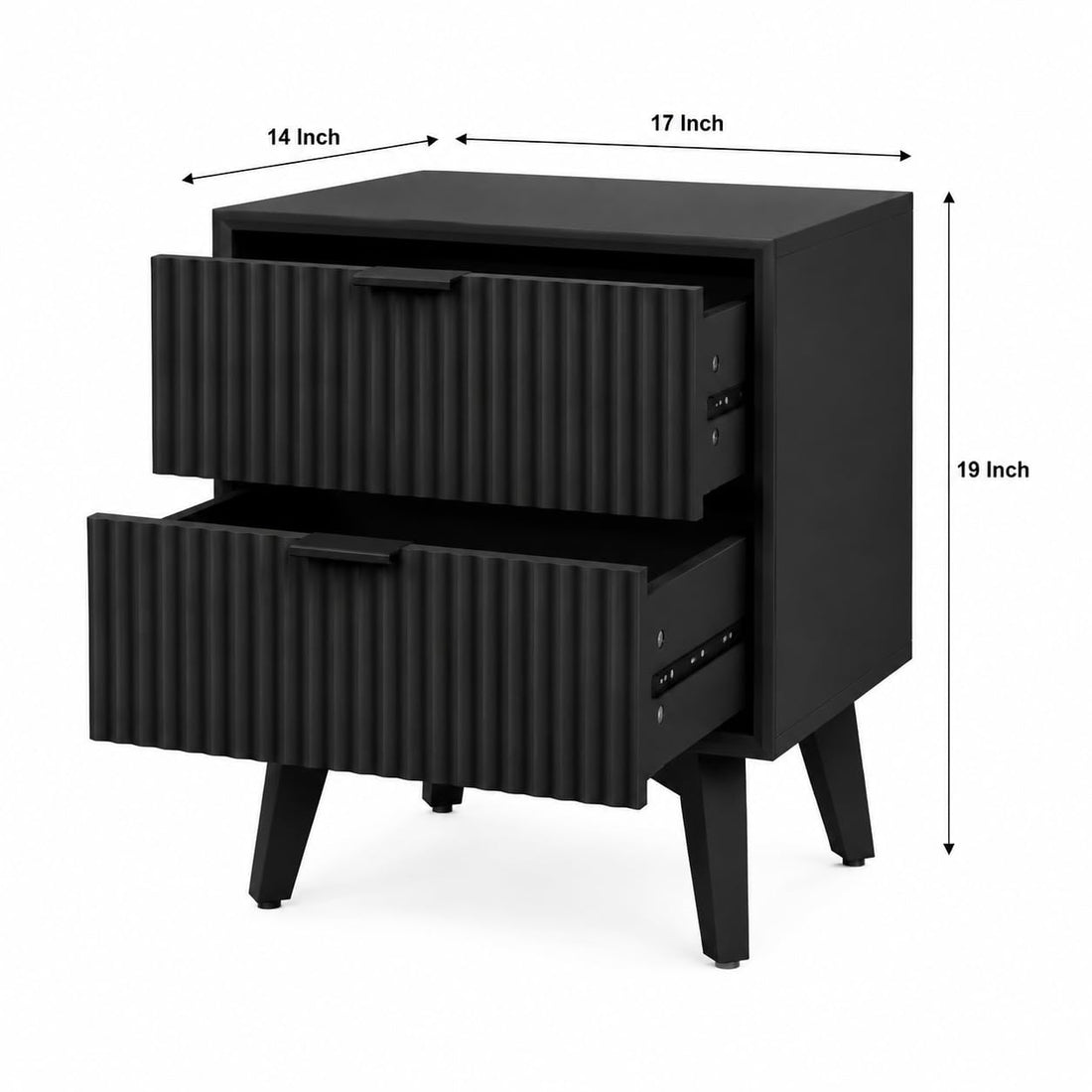 Modern Black Fluted Bedside Table with 2 Drawers