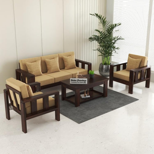 Modern 3+1+1 Wooden Sofa Set with Walnut Finish & Premium Beige Fabric | Living Room Sofa Set