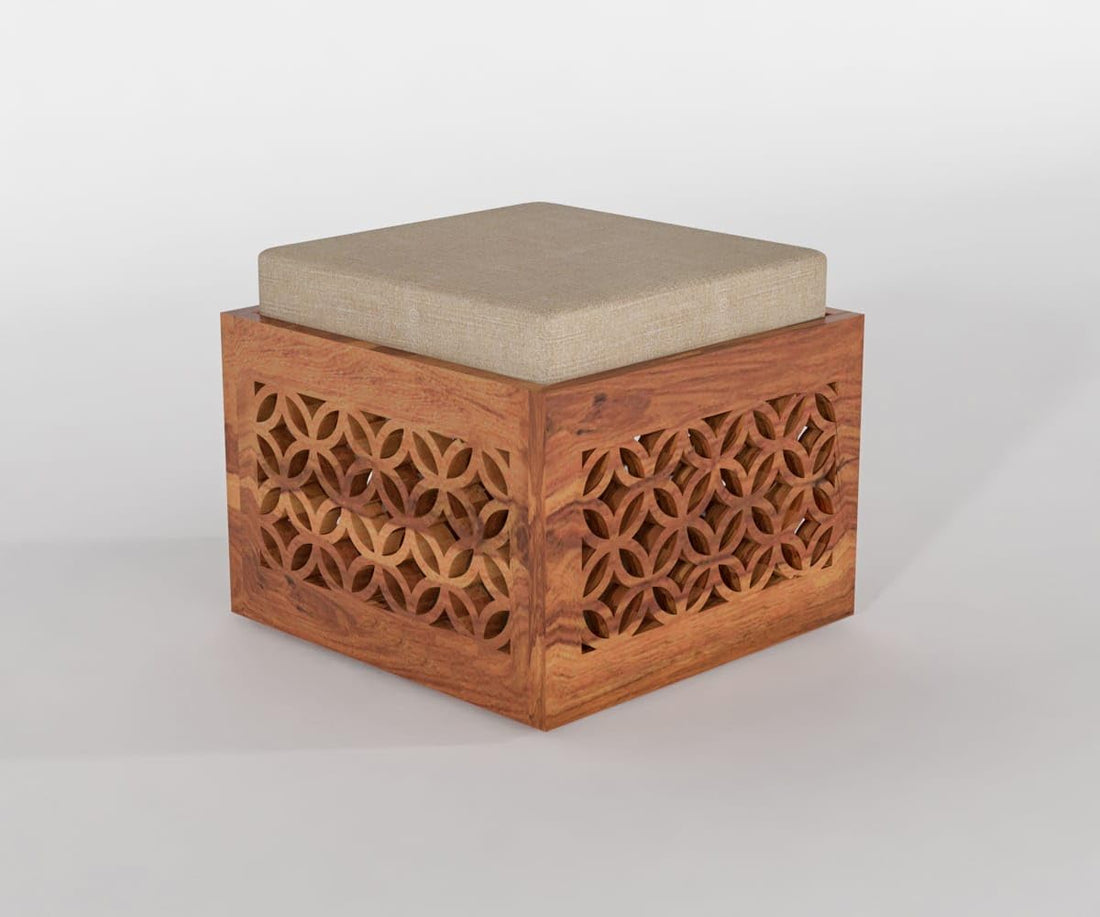 Sheesham Wood Carved Storage Ottoman Stool Set of 2 with Cushioned Seat for Living Room and Bedroom