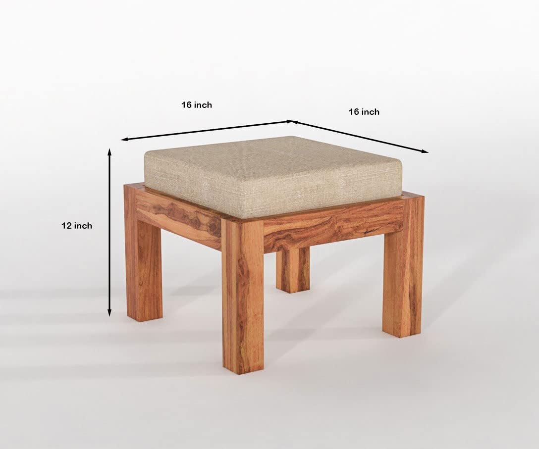 Solid Sheesham Ottoman Stool Set of 2 with Cushioned Upholstered Seat for Living Room