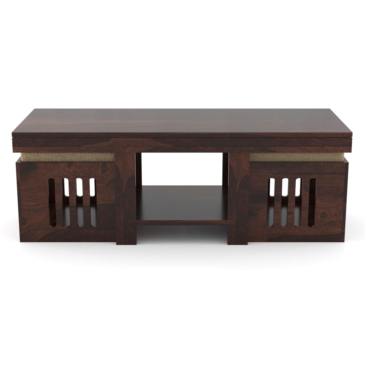 Nisha Furniture Wooden Coffee Table with 2 Cushioned Stools | Modern Center Table for Living Room