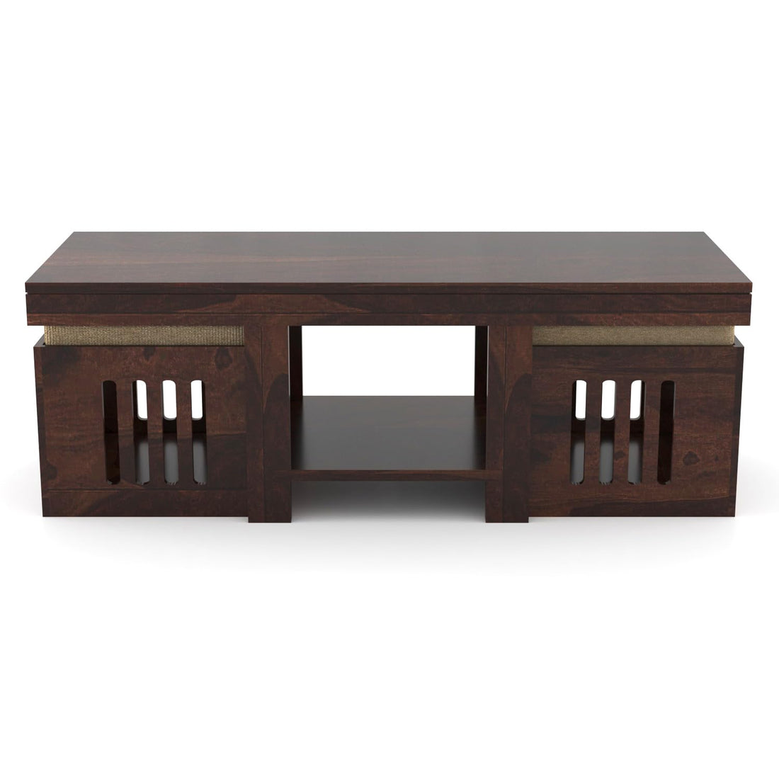 Nisha Furniture Wooden Coffee Table with 2 Cushioned Stools | Modern Center Table for Living Room