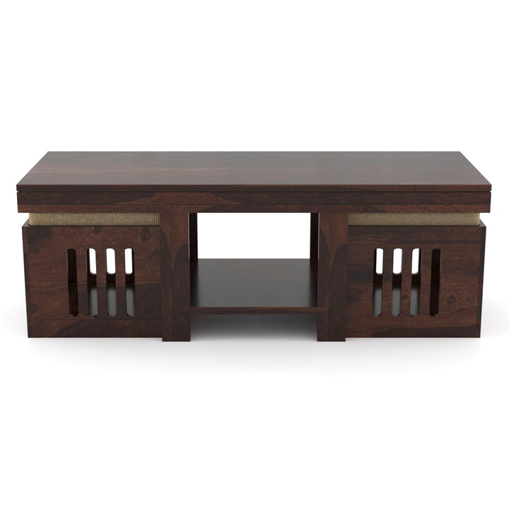 Nisha Furniture Wooden Coffee Table with 2 Cushioned Stools | Modern Center Table for Living Room