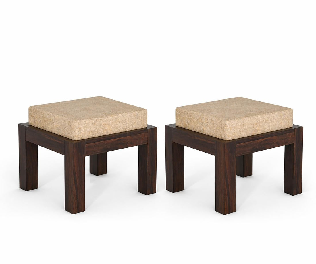 Modern Wooden Upholstered Ottoman Stool Set of 2 for Living Room and Bedroom