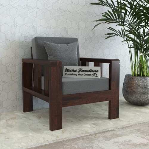 Solid Sheesham Wood 1 Seater Sofa | Premium Wooden Armchair with Grey Cushion