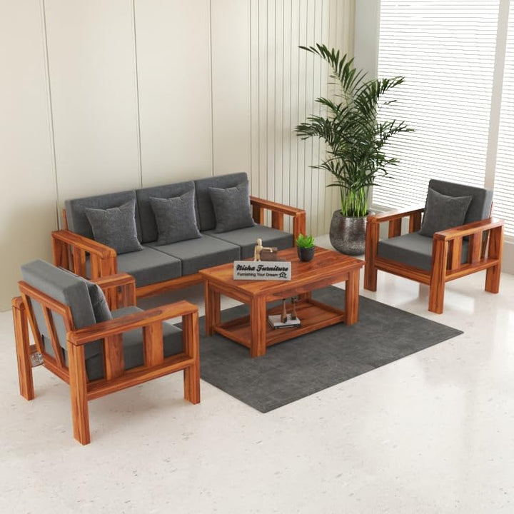 Modern 3+1+1 Wooden Sofa Set with Premium Grey Fabric | Honey Finish For Living Room